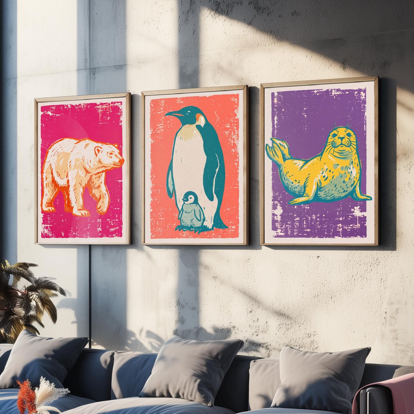 Polar Bear, Penguin and Seal - Set of Three Polar Animals Art Prints - Linocut Illustrations - Arctic Nursery Posters V1