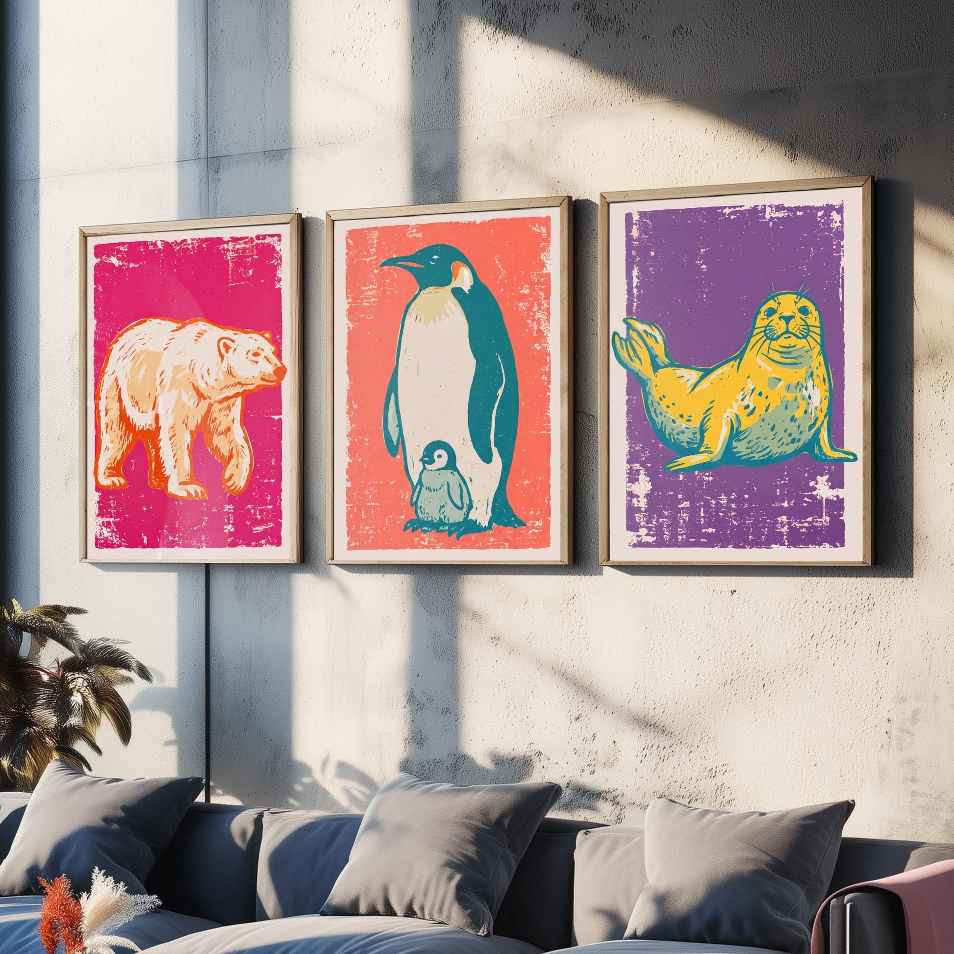 Polar Bear, Penguin and Seal - Set of Three Polar Animals Art Prints - Linocut Illustrations - Arctic Nursery Posters V1