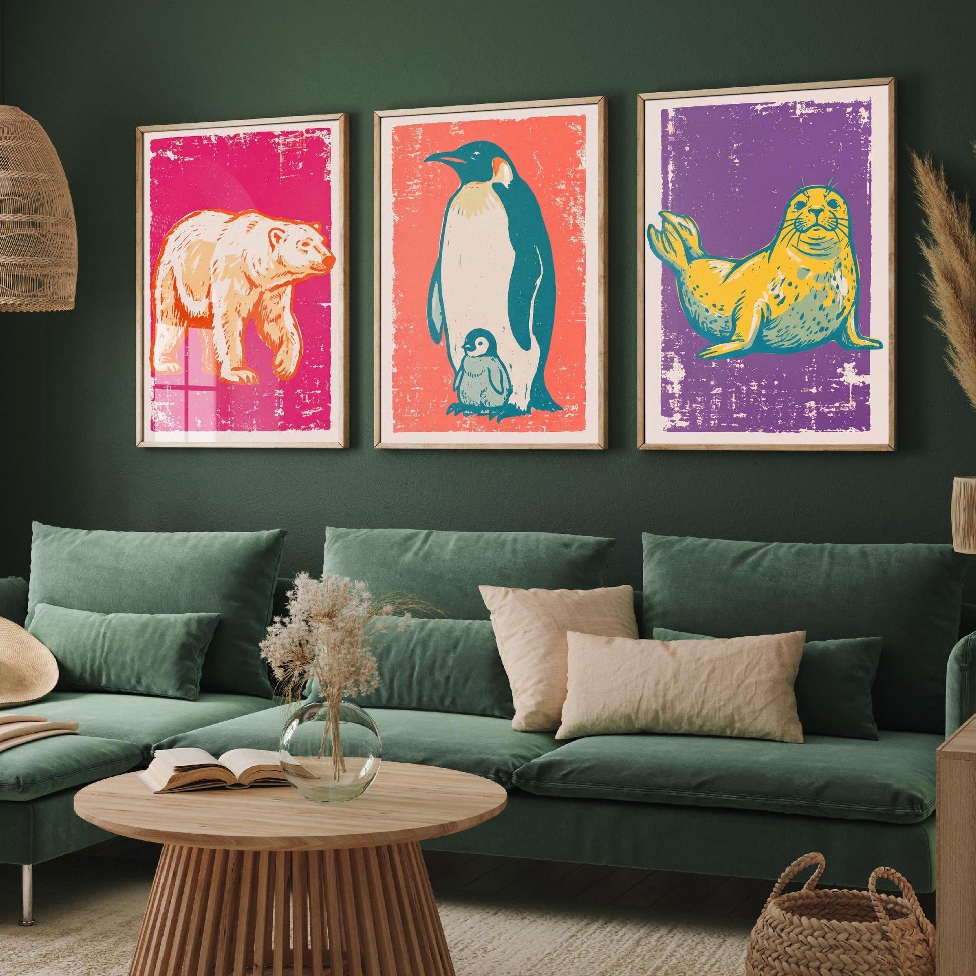 Polar Bear, Penguin and Seal - Set of Three Polar Animals Art Prints - Linocut Illustrations - Arctic Nursery Posters V1
