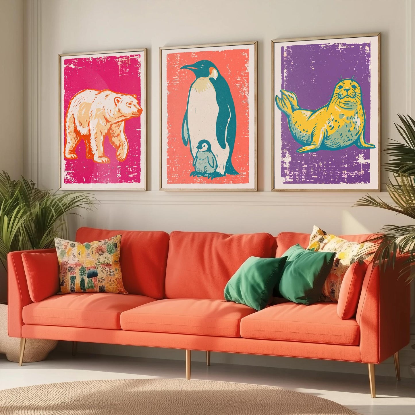 Polar Bear, Penguin and Seal - Set of Three Polar Animals Art Prints - Linocut Illustrations - Arctic Nursery Posters V1