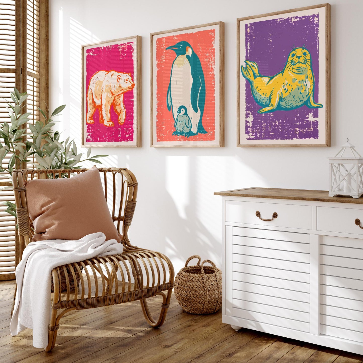 Polar Bear, Penguin and Seal - Set of Three Polar Animals Art Prints - Linocut Illustrations - Arctic Nursery Posters V1