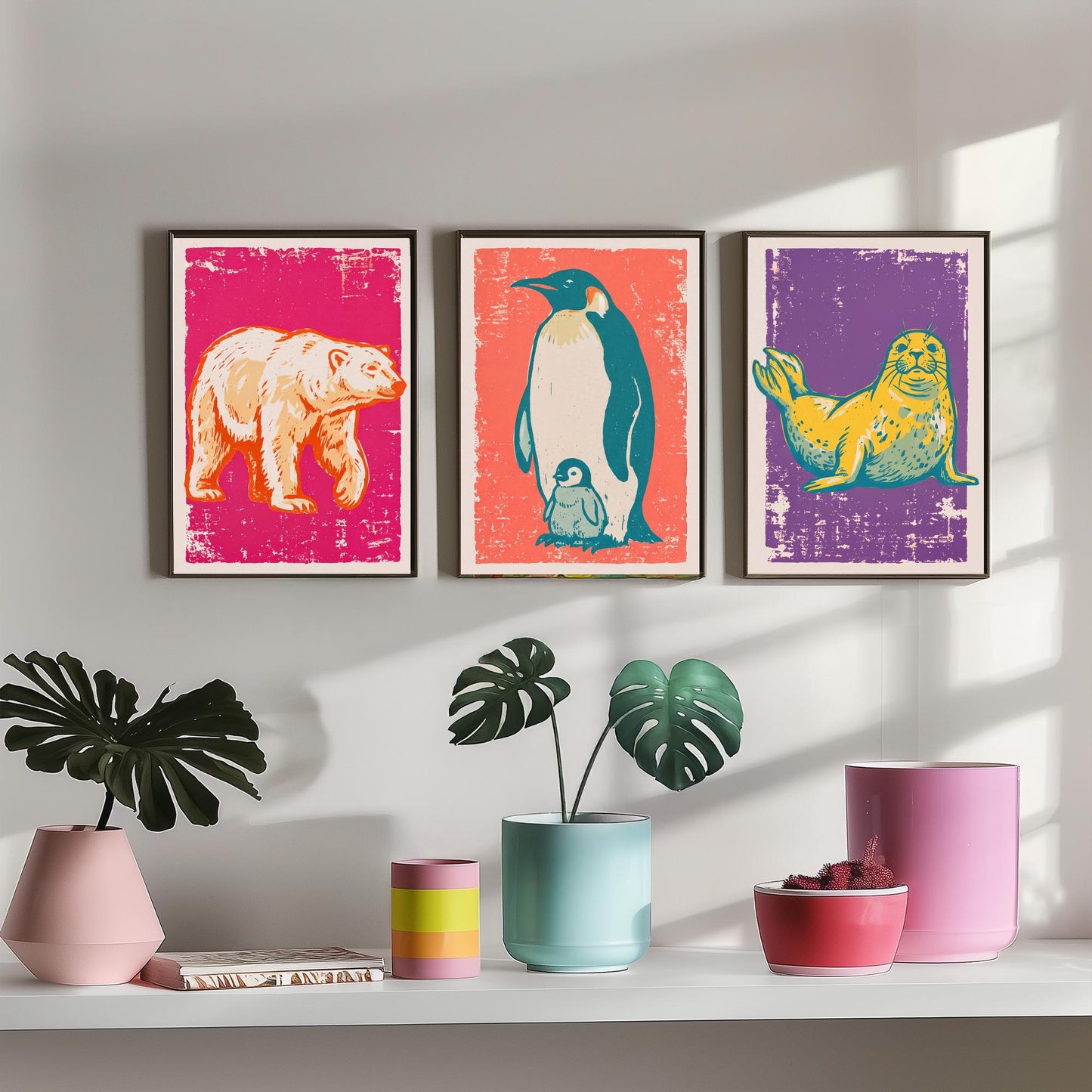 Polar Bear, Penguin and Seal - Set of Three Polar Animals Art Prints - Linocut Illustrations - Arctic Nursery Posters V1