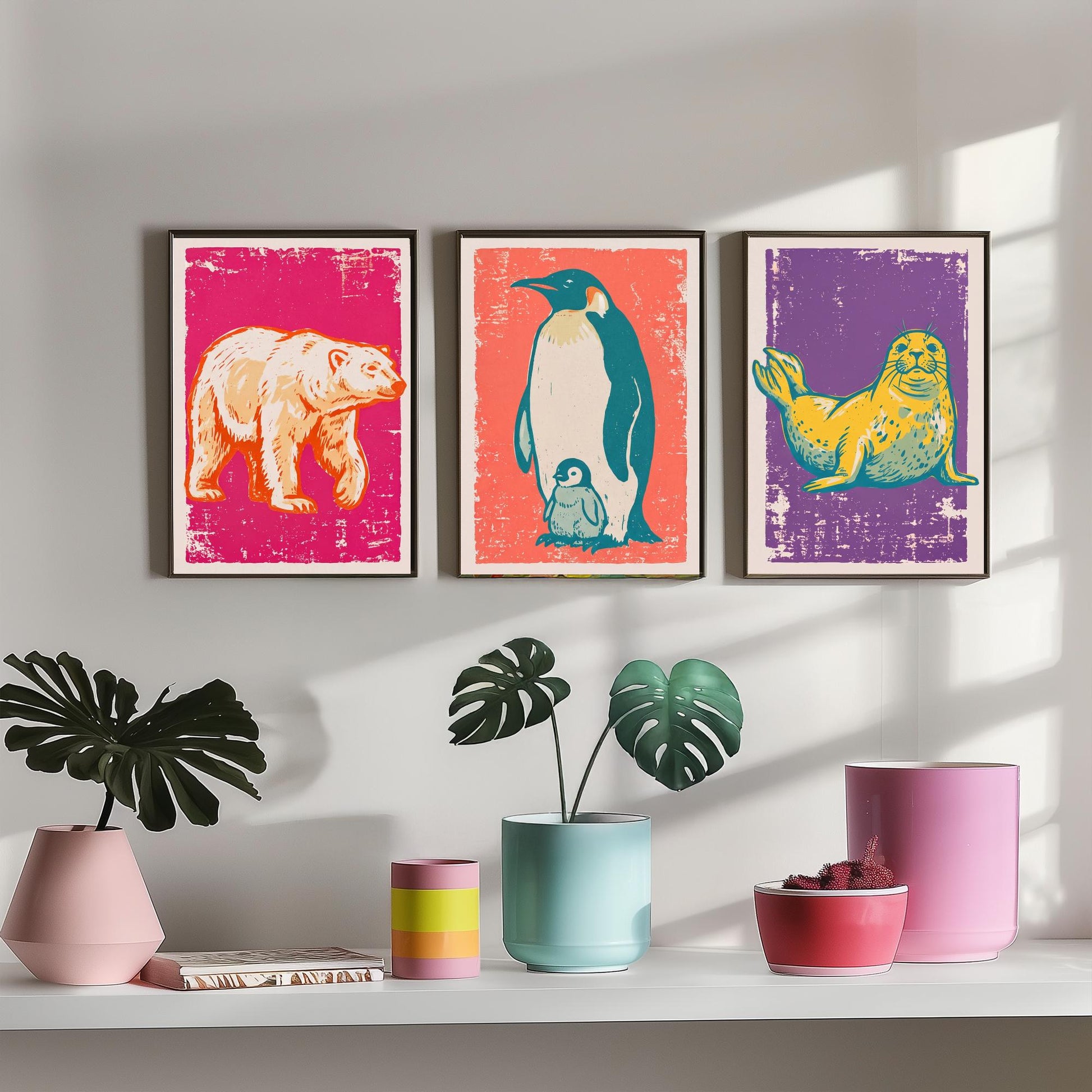 Polar Bear, Penguin and Seal - Set of Three Polar Animals Art Prints - Linocut Illustrations - Arctic Nursery Posters V1