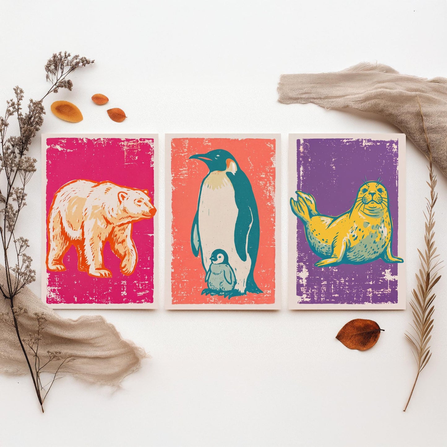 Polar Bear, Penguin and Seal - Set of Three Polar Animals Art Prints - Linocut Illustrations - Arctic Nursery Posters V1