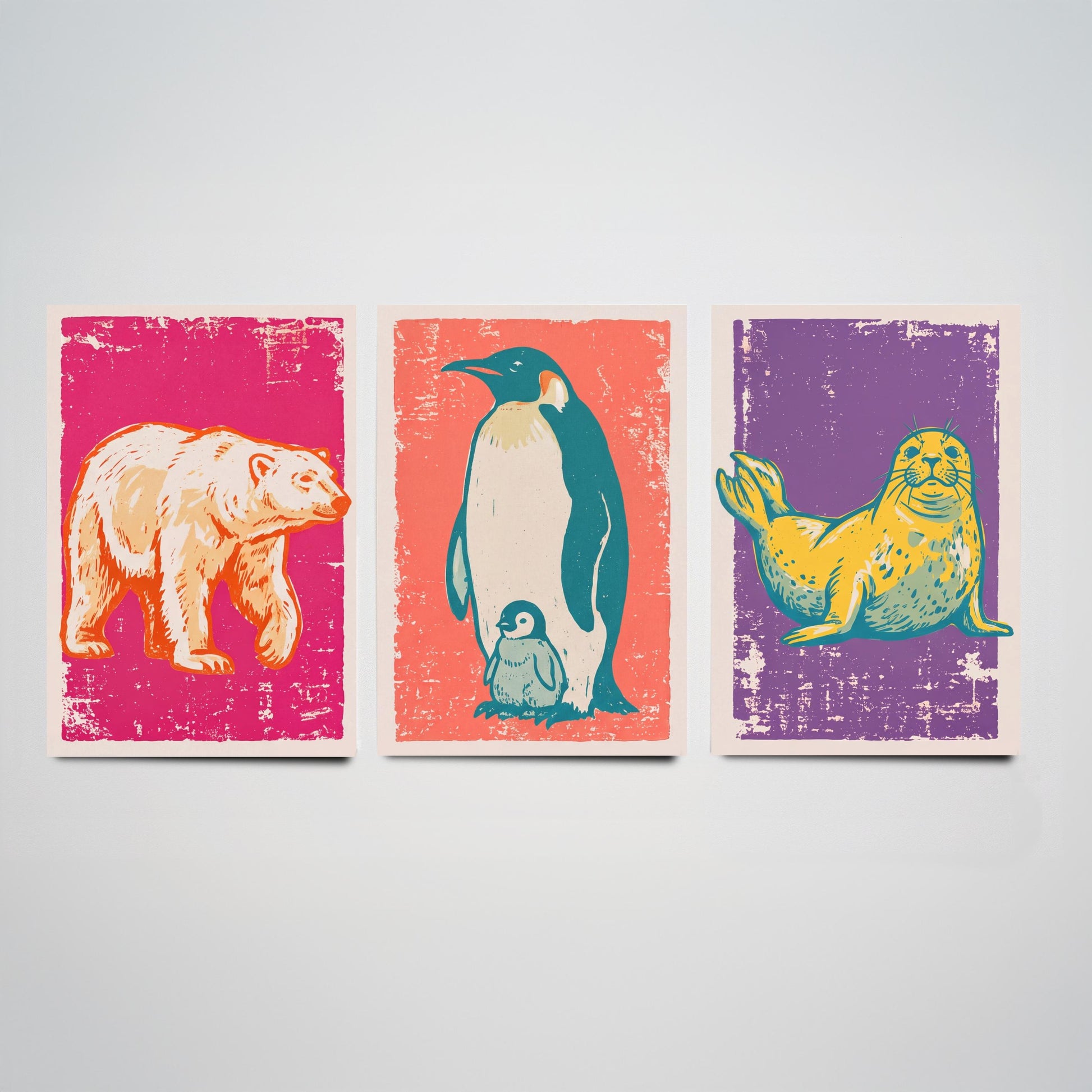 Polar Bear, Penguin and Seal - Set of Three Polar Animals Art Prints - Linocut Illustrations - Arctic Nursery Posters V1