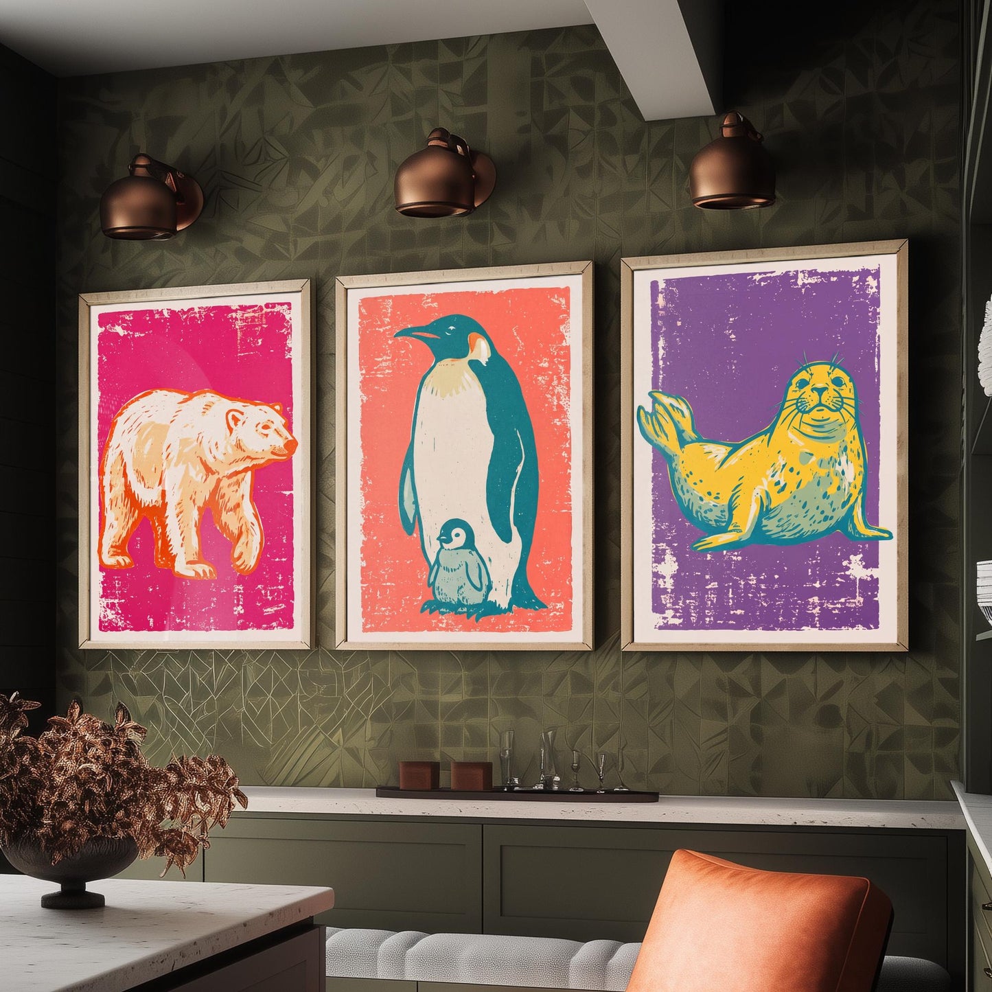 Polar Bear, Penguin and Seal - Set of Three Polar Animals Art Prints - Linocut Illustrations - Arctic Nursery Posters V1