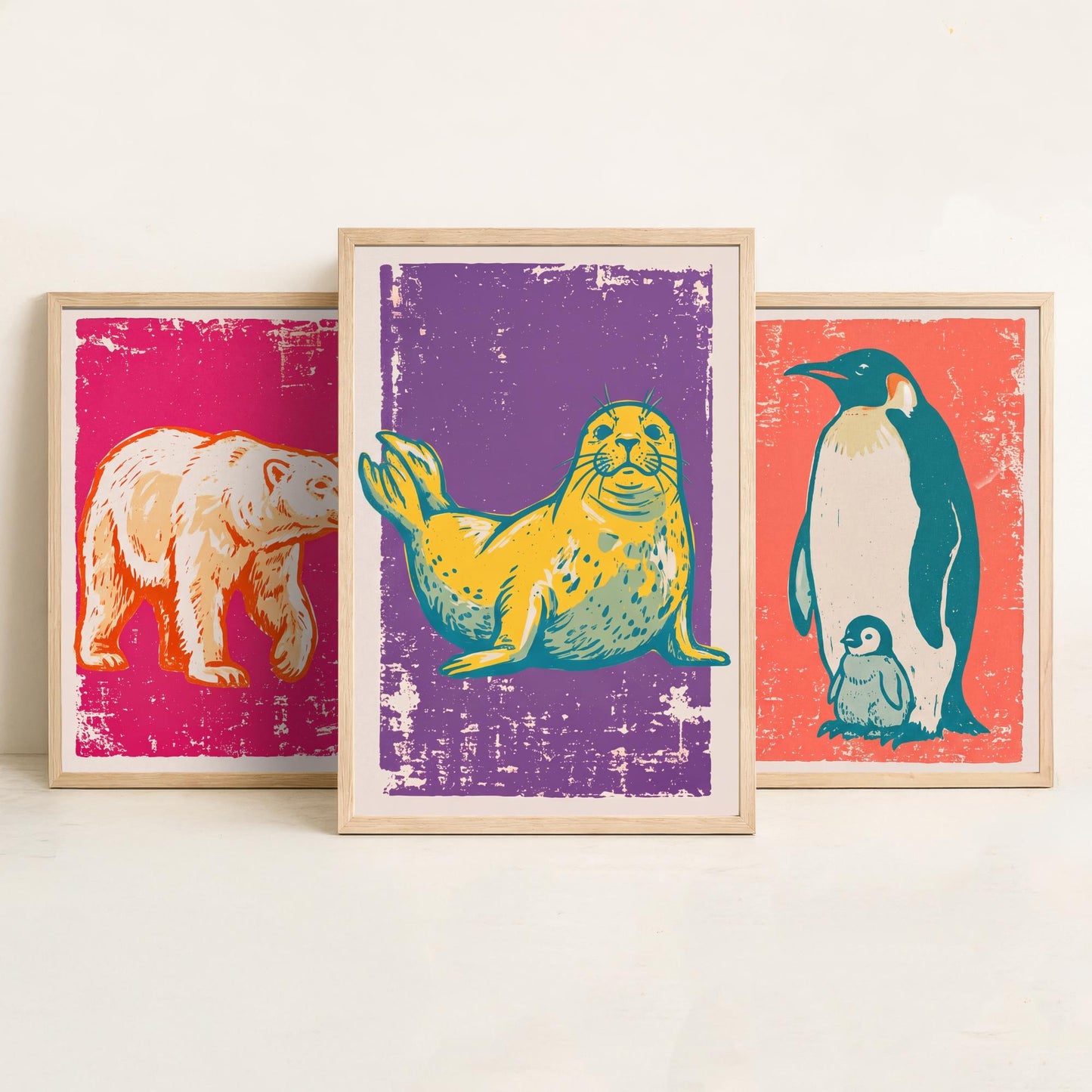 Polar Bear, Penguin and Seal - Set of Three Polar Animals Art Prints - Linocut Illustrations - Arctic Nursery Posters V1