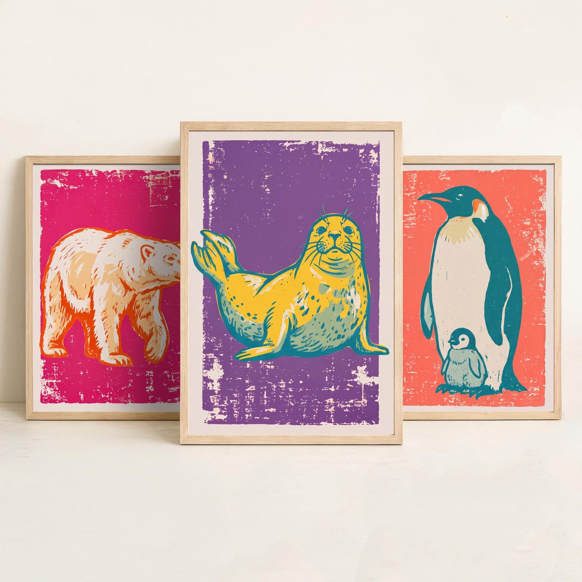 Polar Bear, Penguin and Seal - Set of Three Polar Animals Art Prints - Linocut Illustrations - Arctic Nursery Posters V1