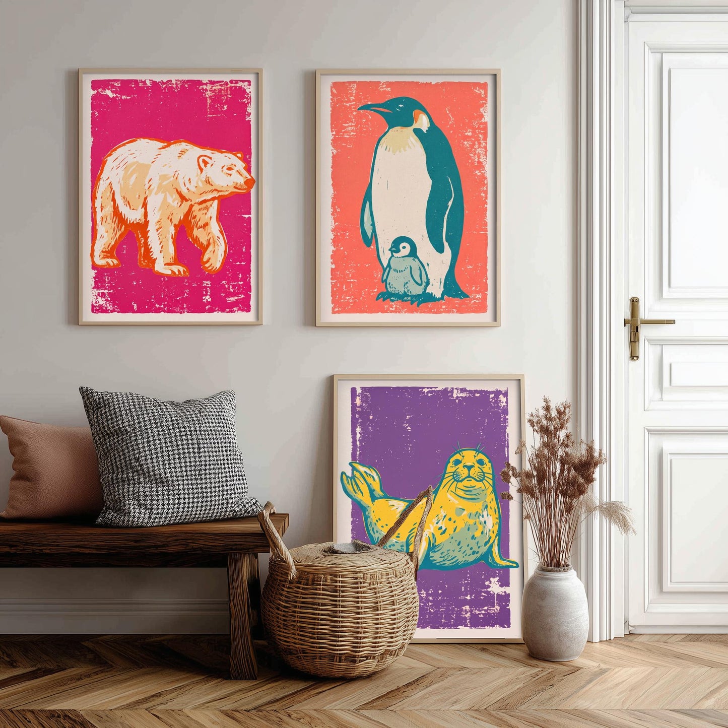 Polar Bear, Penguin and Seal - Set of Three Polar Animals Art Prints - Linocut Illustrations - Arctic Nursery Posters V1