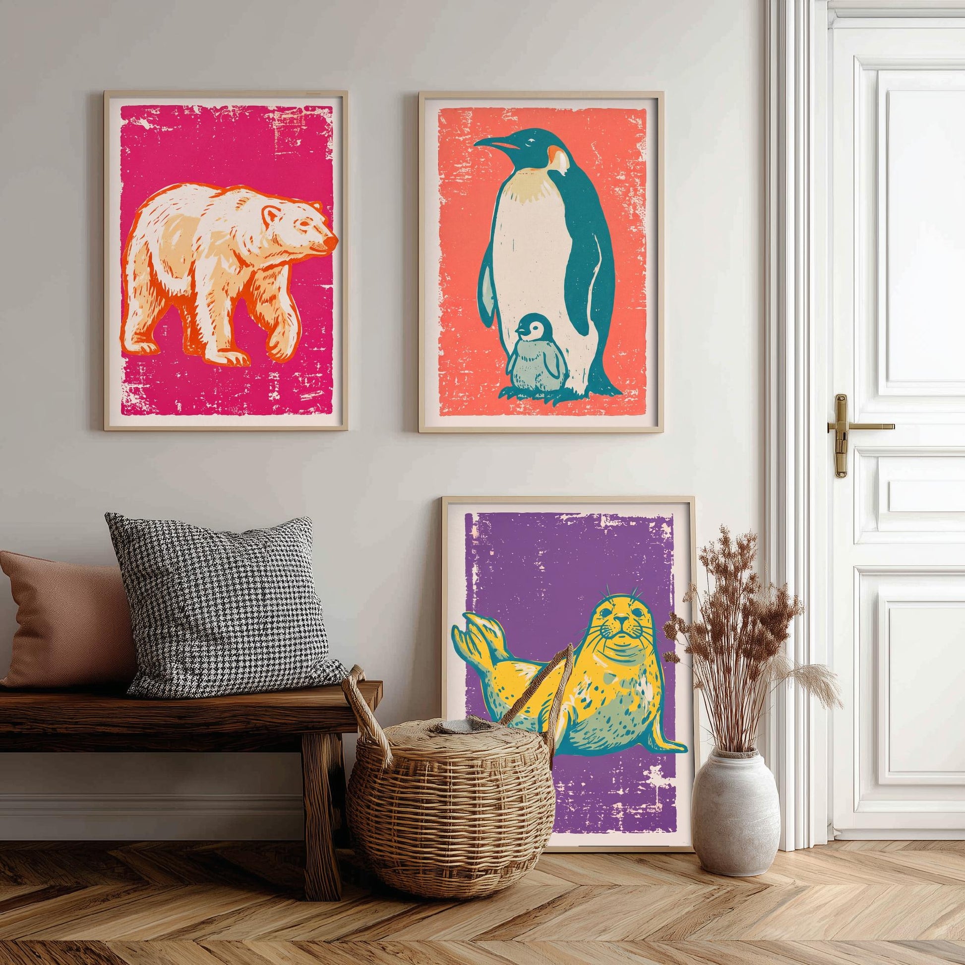 Polar Bear, Penguin and Seal - Set of Three Polar Animals Art Prints - Linocut Illustrations - Arctic Nursery Posters V1