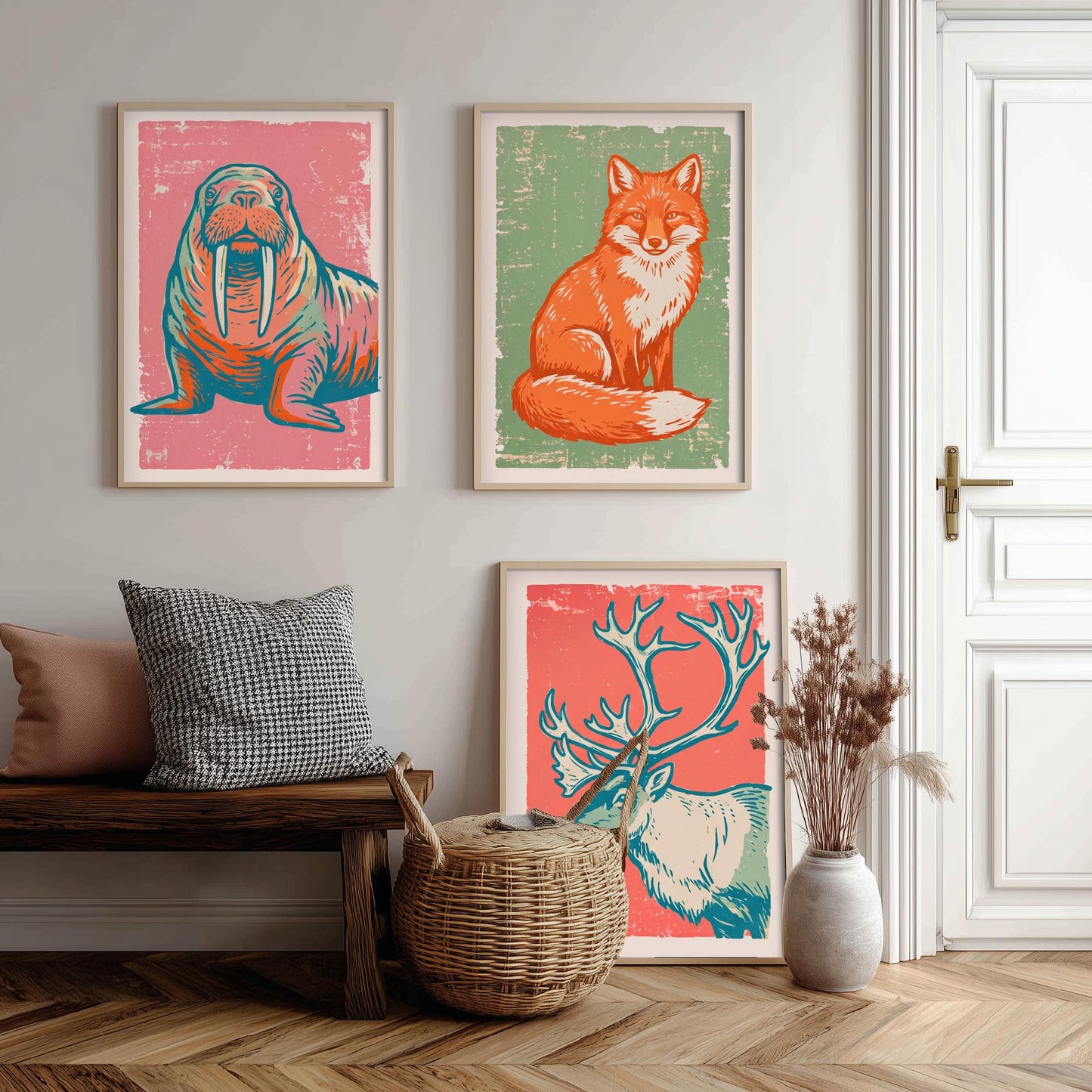 Walrus, Fox and Reindeer - Set of Three Polar Animals Art Prints - Linocut Illustrations - Arctic Nursery Posters V2