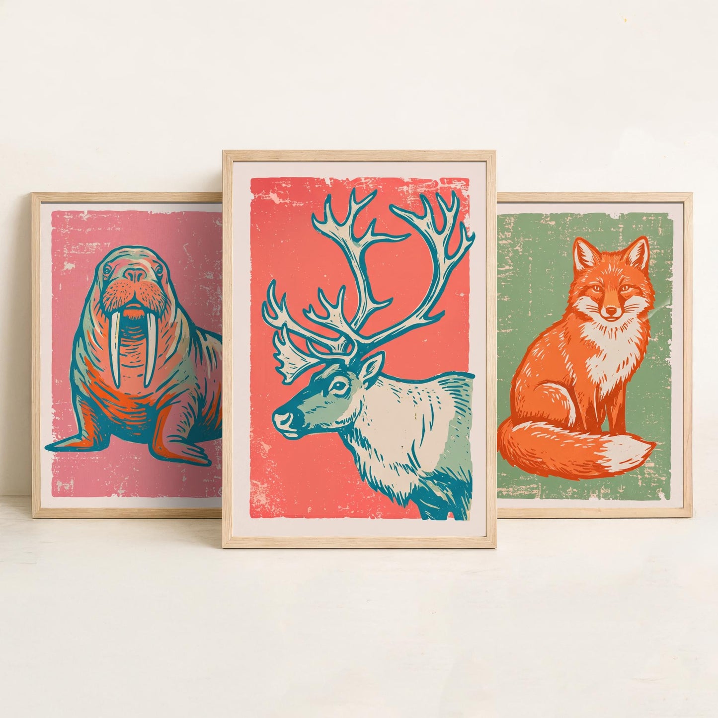 Walrus, Fox and Reindeer - Set of Three Polar Animals Art Prints - Linocut Illustrations - Arctic Nursery Posters V2