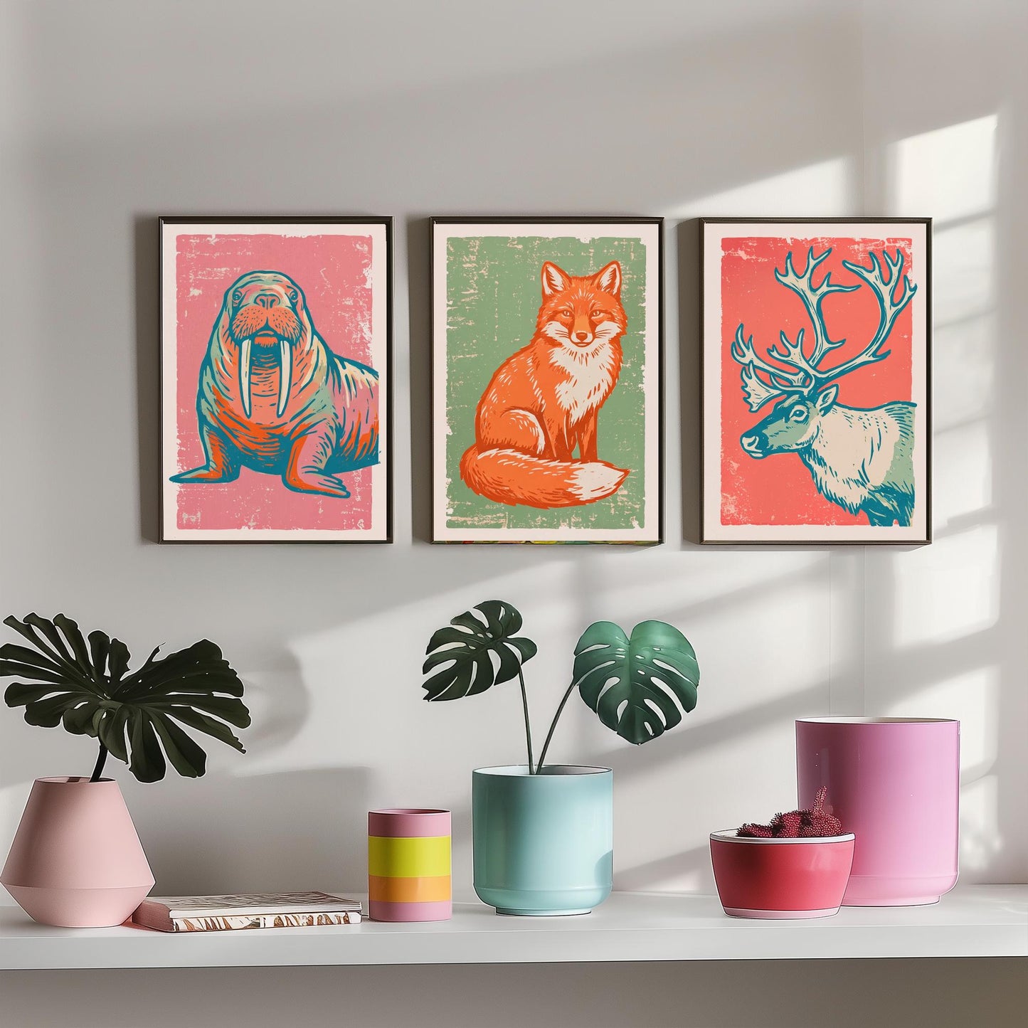 Walrus, Fox and Reindeer - Set of Three Polar Animals Art Prints - Linocut Illustrations - Arctic Nursery Posters V2