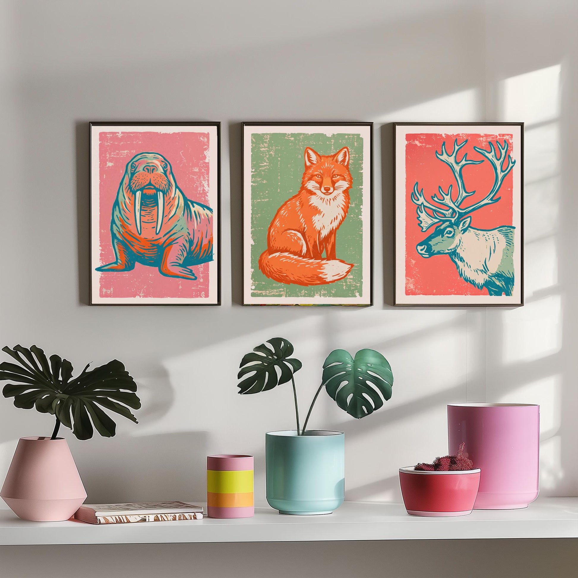 Walrus, Fox and Reindeer - Set of Three Polar Animals Art Prints - Linocut Illustrations - Arctic Nursery Posters V2
