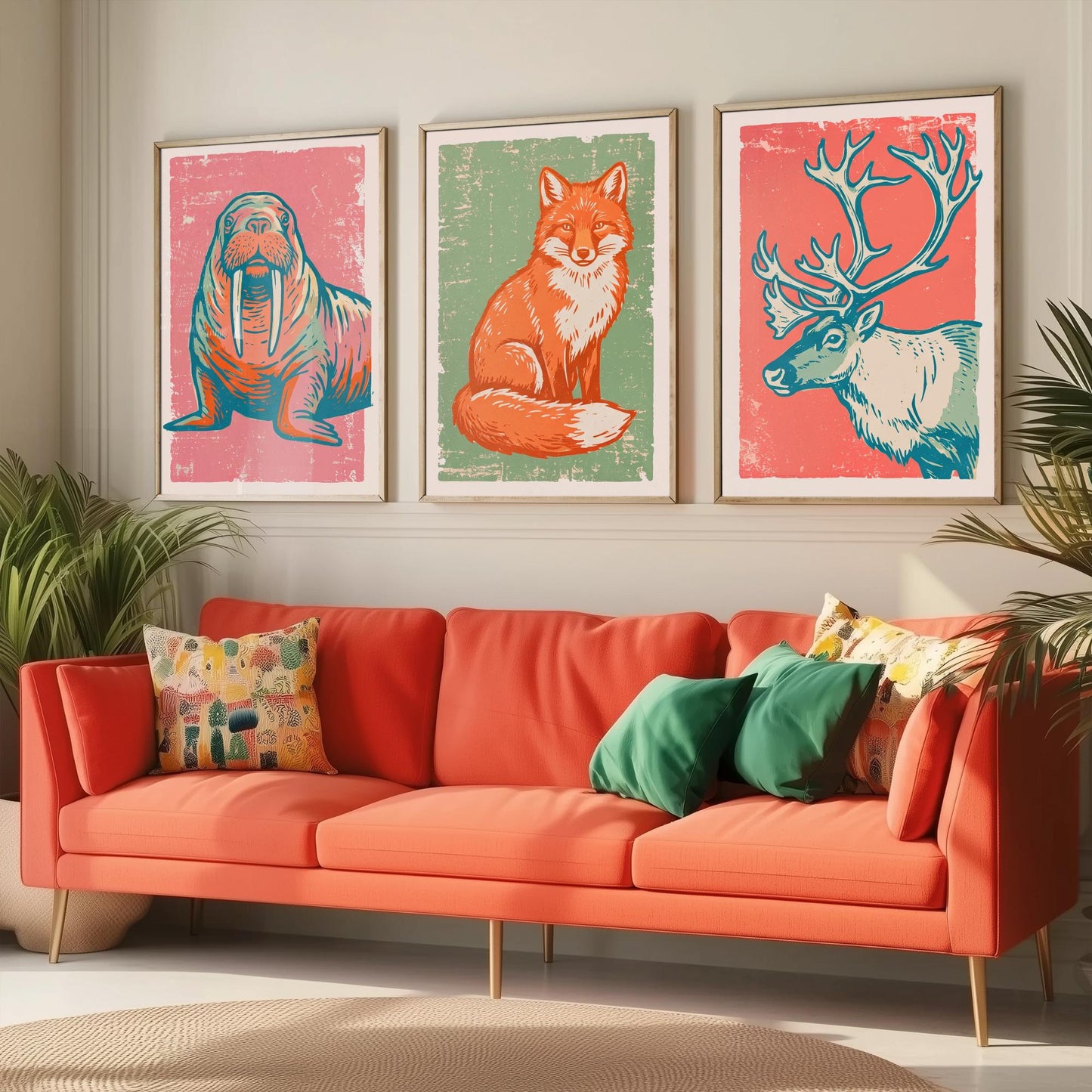 Walrus, Fox and Reindeer - Set of Three Polar Animals Art Prints - Linocut Illustrations - Arctic Nursery Posters V2