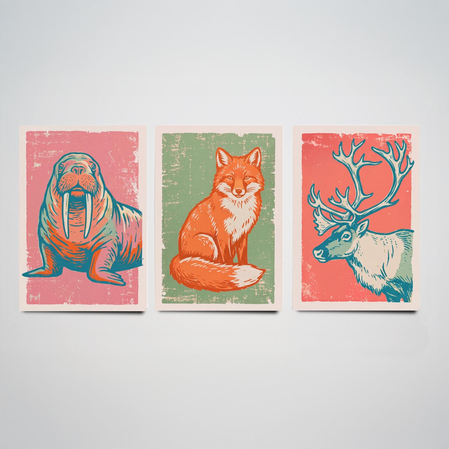 Walrus, Fox and Reindeer - Set of Three Polar Animals Art Prints - Linocut Illustrations - Arctic Nursery Posters V2