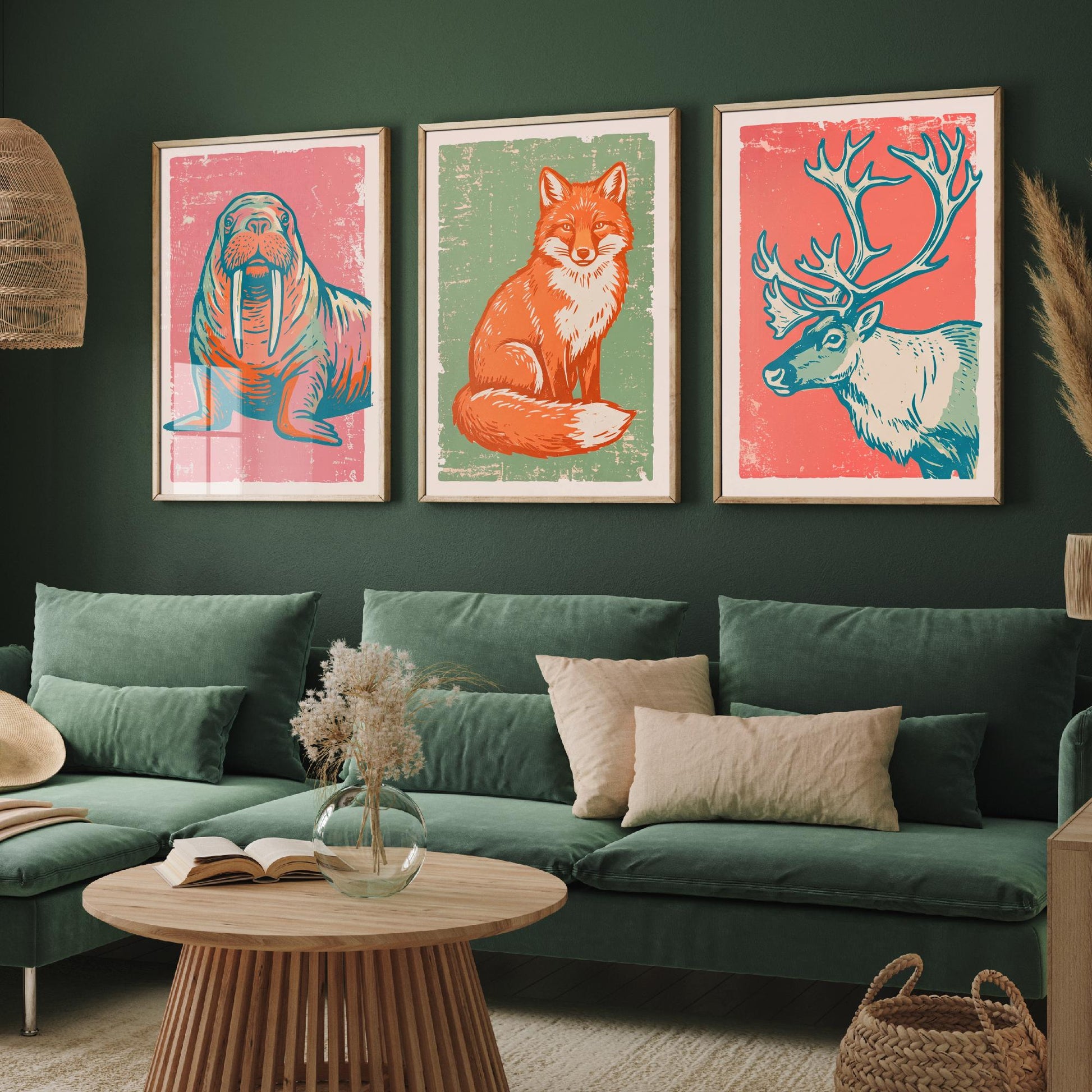 Walrus, Fox and Reindeer - Set of Three Polar Animals Art Prints - Linocut Illustrations - Arctic Nursery Posters V2