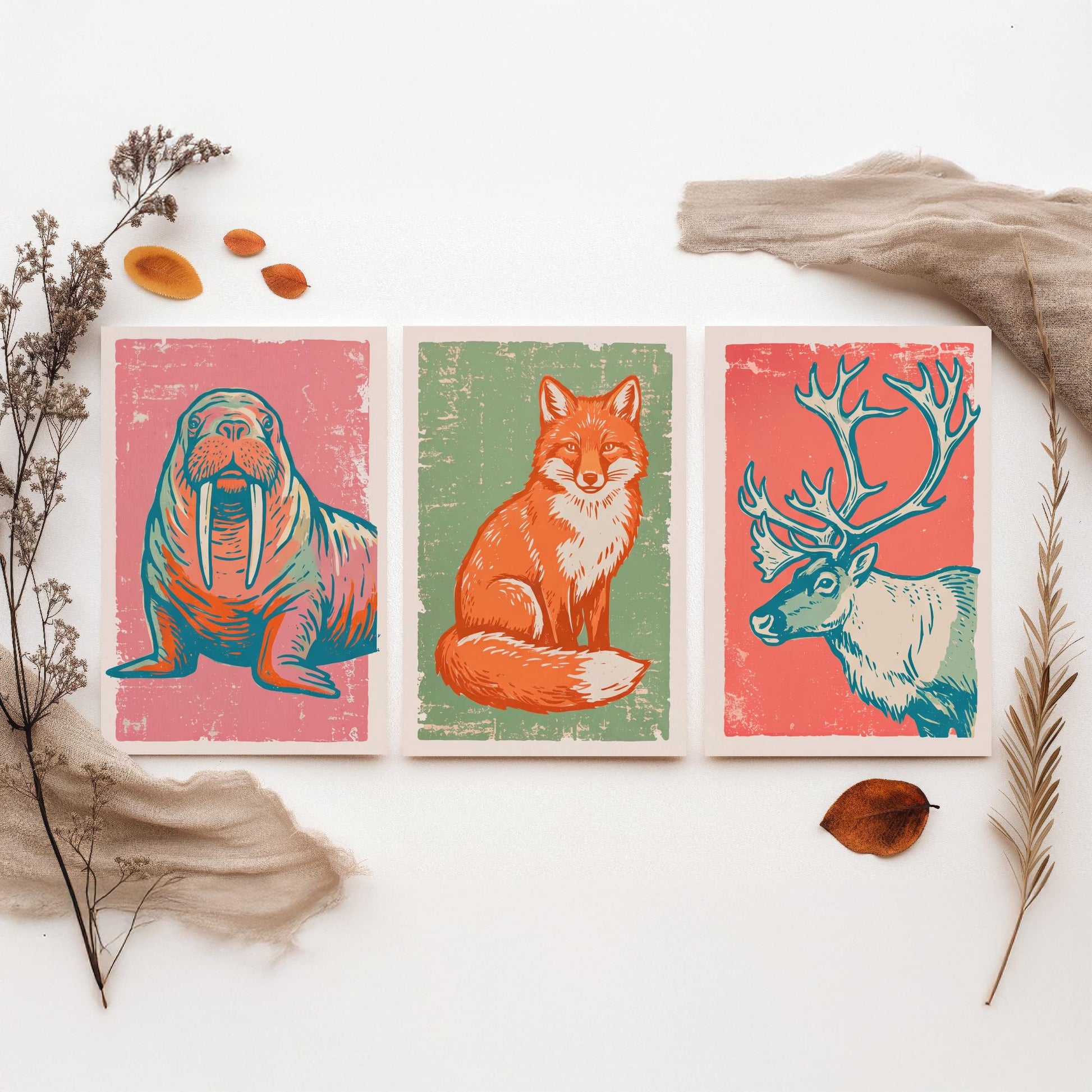 Walrus, Fox and Reindeer - Set of Three Polar Animals Art Prints - Linocut Illustrations - Arctic Nursery Posters V2