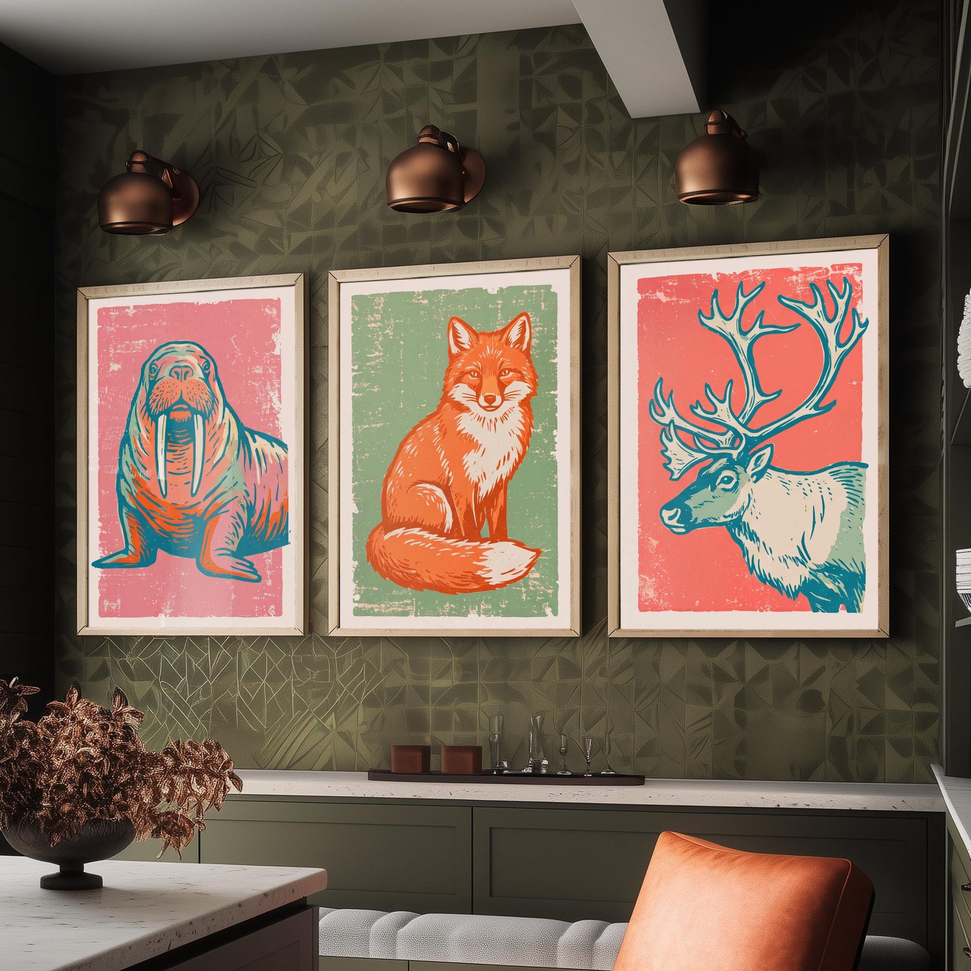 Walrus, Fox and Reindeer - Set of Three Polar Animals Art Prints - Linocut Illustrations - Arctic Nursery Posters V2