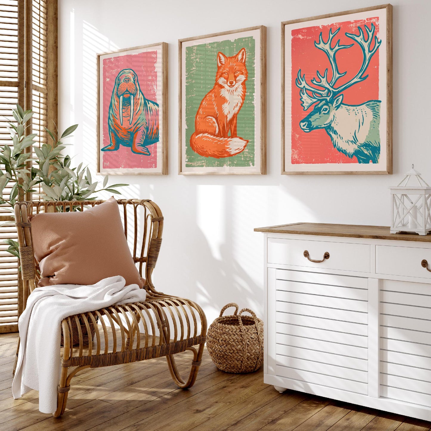 Walrus, Fox and Reindeer - Set of Three Polar Animals Art Prints - Linocut Illustrations - Arctic Nursery Posters V2