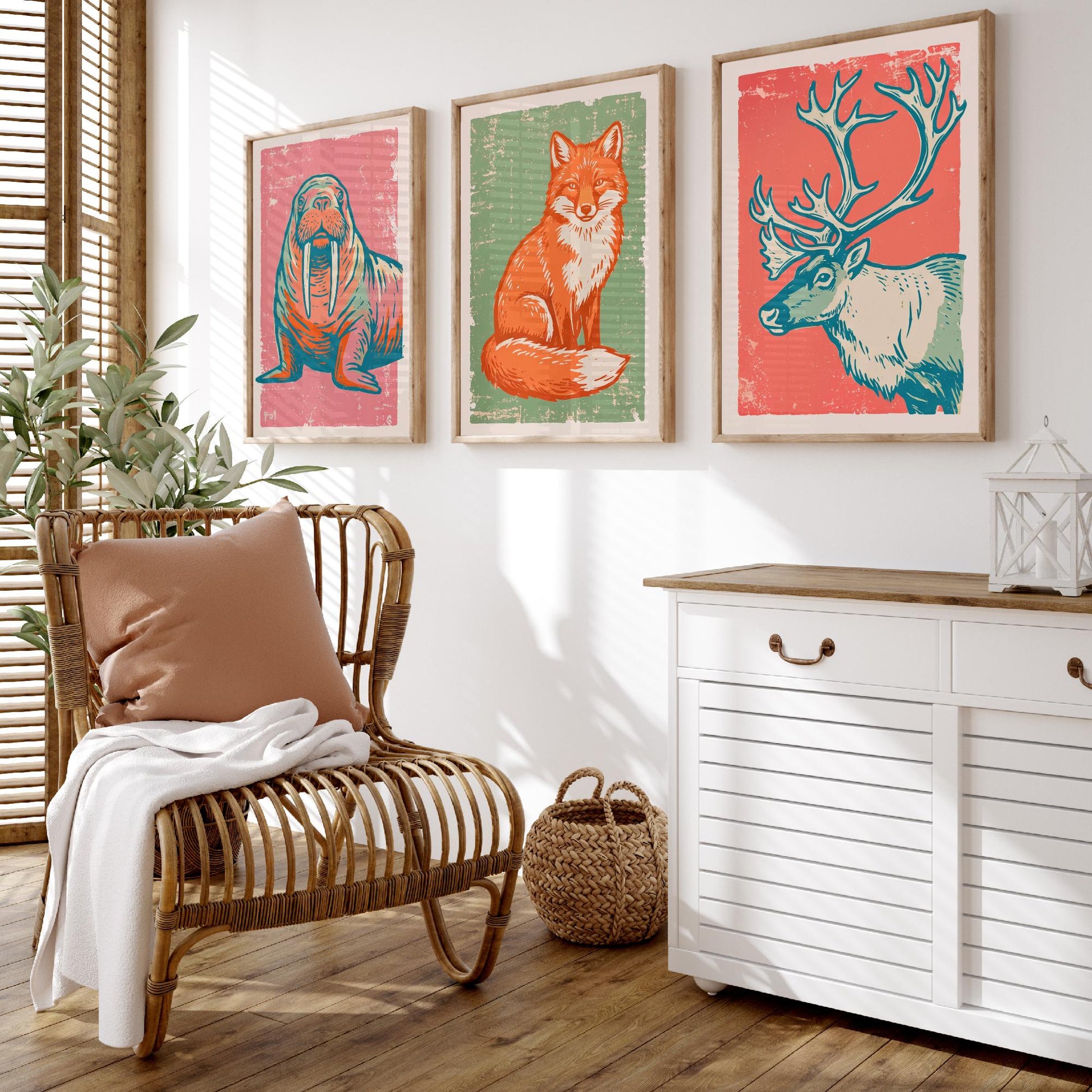 Walrus, Fox and Reindeer - Set of Three Polar Animals Art Prints - Linocut Illustrations - Arctic Nursery Posters V2