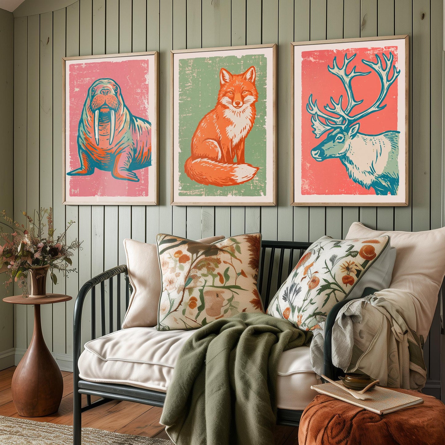 Walrus, Fox and Reindeer - Set of Three Polar Animals Art Prints - Linocut Illustrations - Arctic Nursery Posters V2