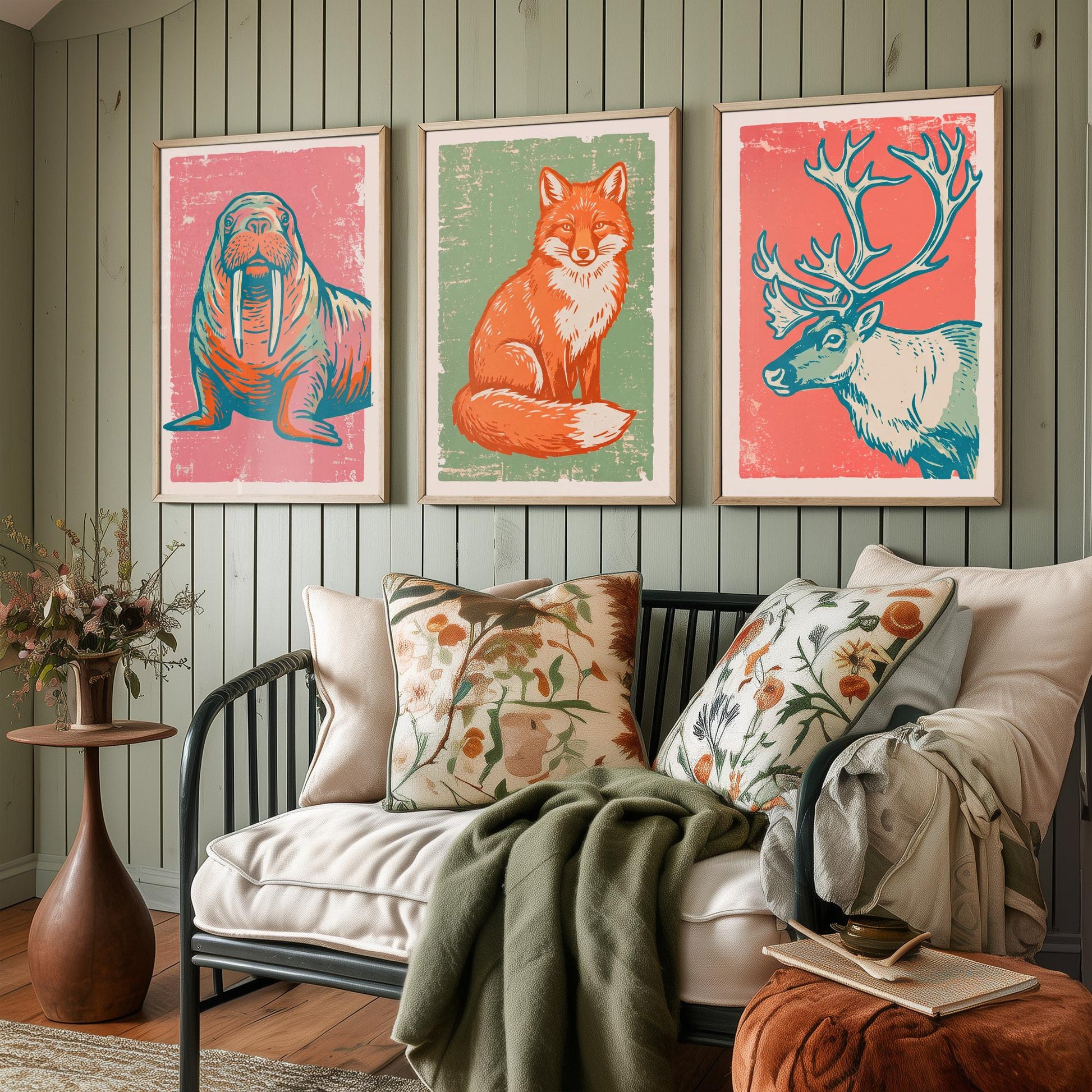 Walrus, Fox and Reindeer - Set of Three Polar Animals Art Prints - Linocut Illustrations - Arctic Nursery Posters V2