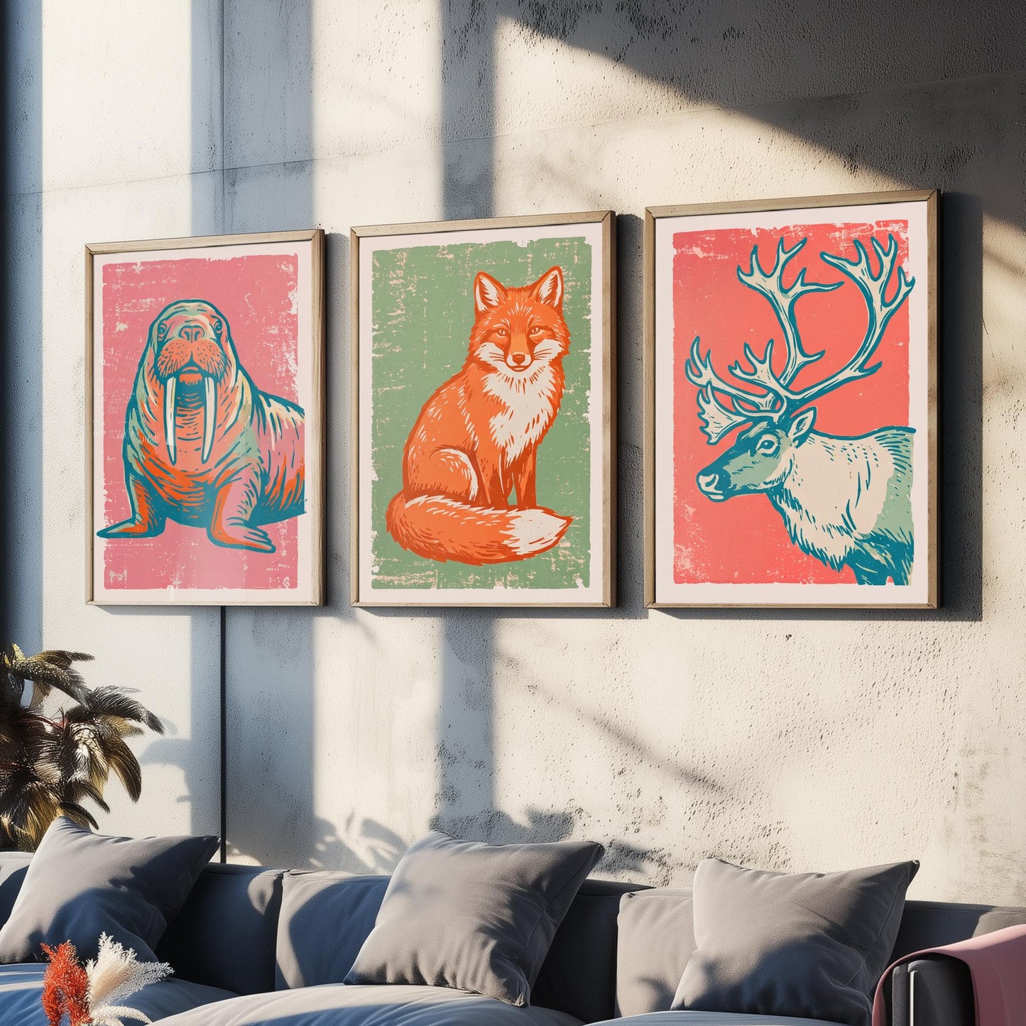 Walrus, Fox and Reindeer - Set of Three Polar Animals Art Prints - Linocut Illustrations - Arctic Nursery Posters V2
