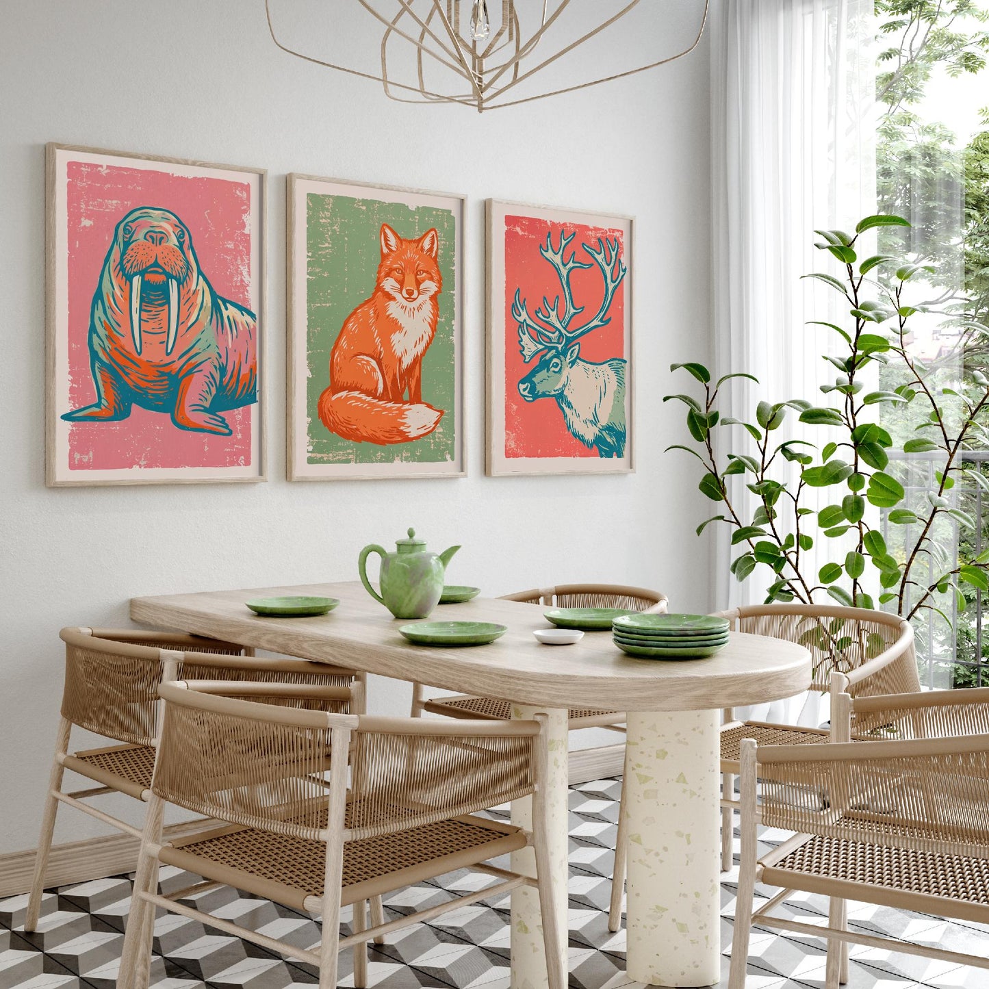 Walrus, Fox and Reindeer - Set of Three Polar Animals Art Prints - Linocut Illustrations - Arctic Nursery Posters V2