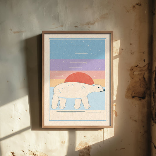 Polar Bear Art Print - Pastel Arctic Sunset Poster - Linocut Style Nursery Illustration V1 1/3