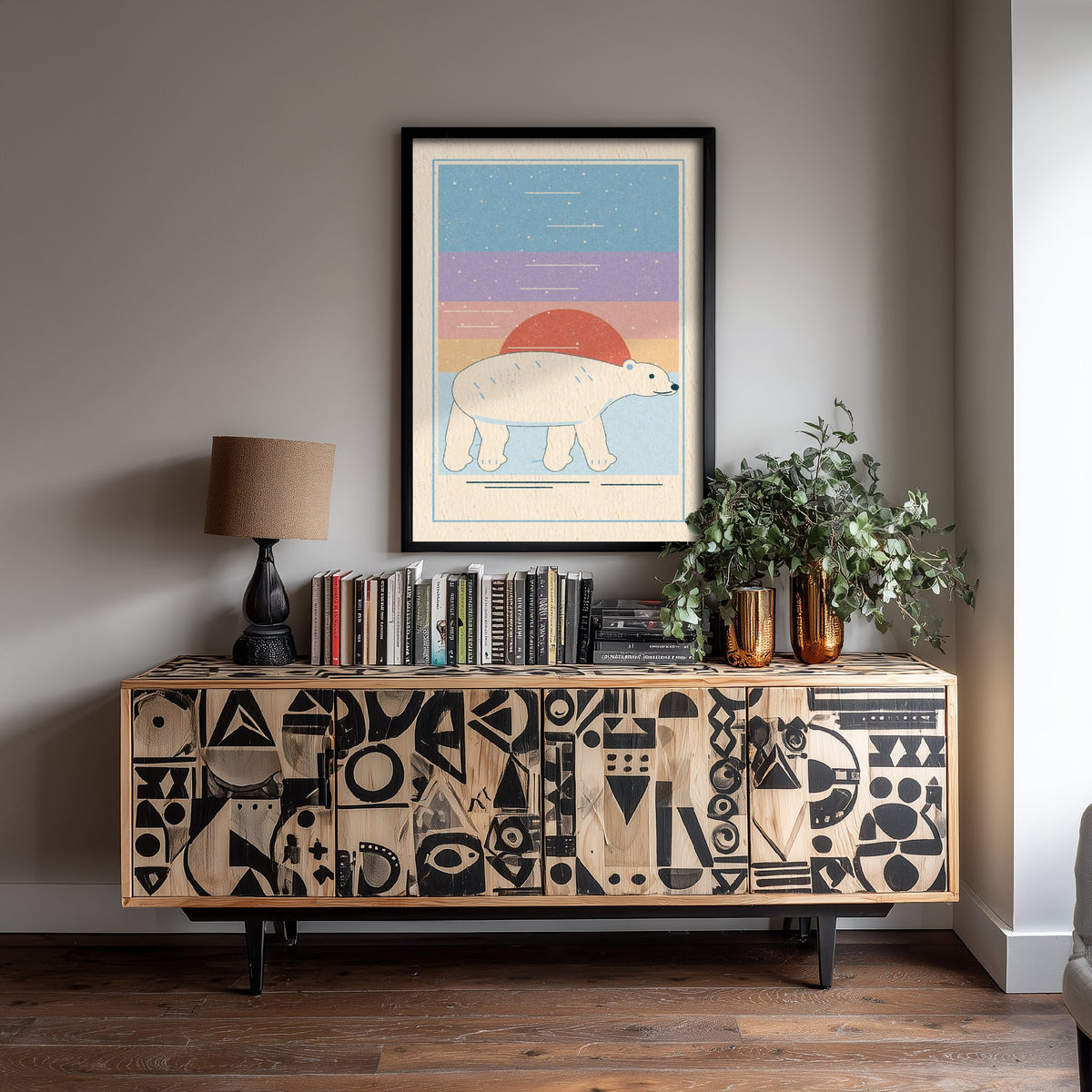 Polar Bear Art Print - Pastel Arctic Sunset Poster - Linocut Style Nursery Illustration V1 1/3