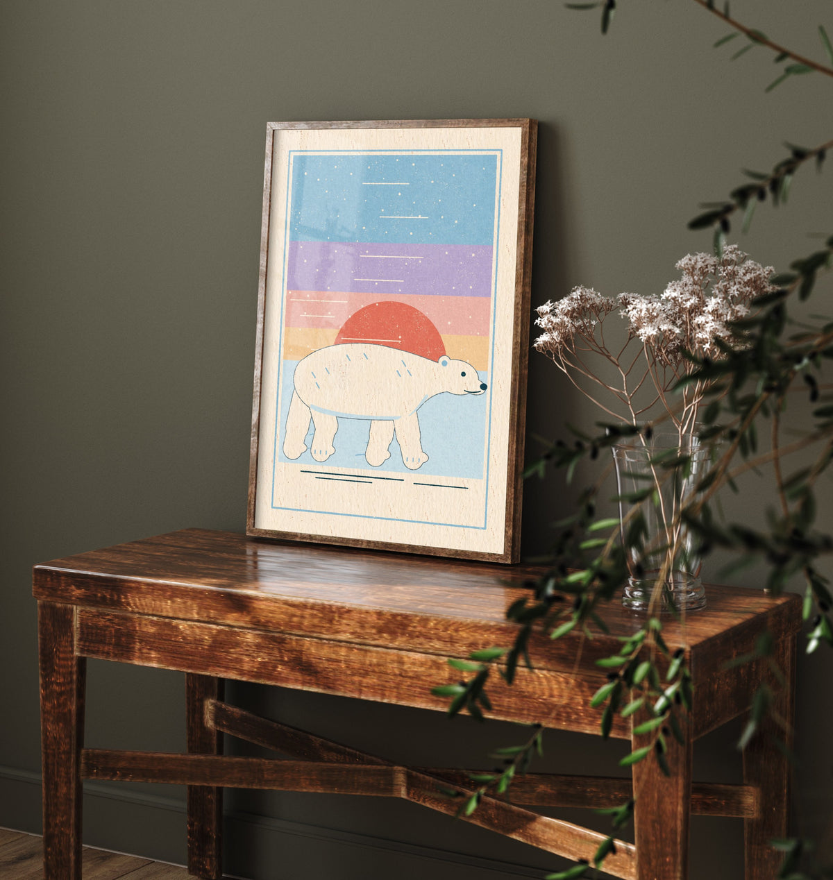 Polar Bear Art Print - Pastel Arctic Sunset Poster - Linocut Style Nursery Illustration V1 1/3