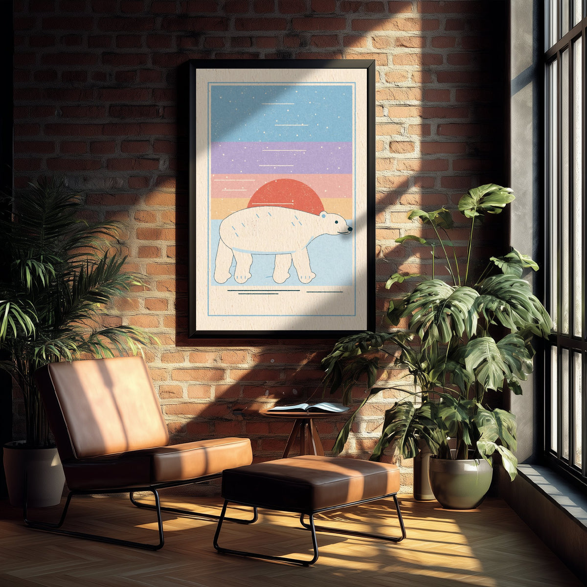 Polar Bear Art Print - Pastel Arctic Sunset Poster - Linocut Style Nursery Illustration V1 1/3