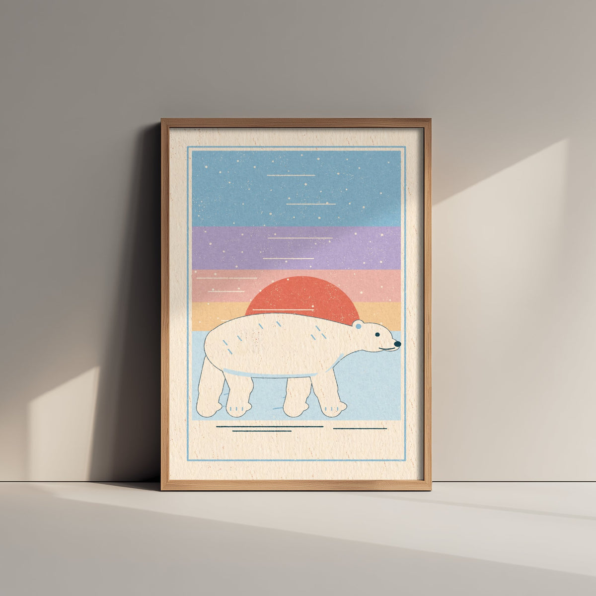 Polar Bear Art Print - Pastel Arctic Sunset Poster - Linocut Style Nursery Illustration V1 1/3