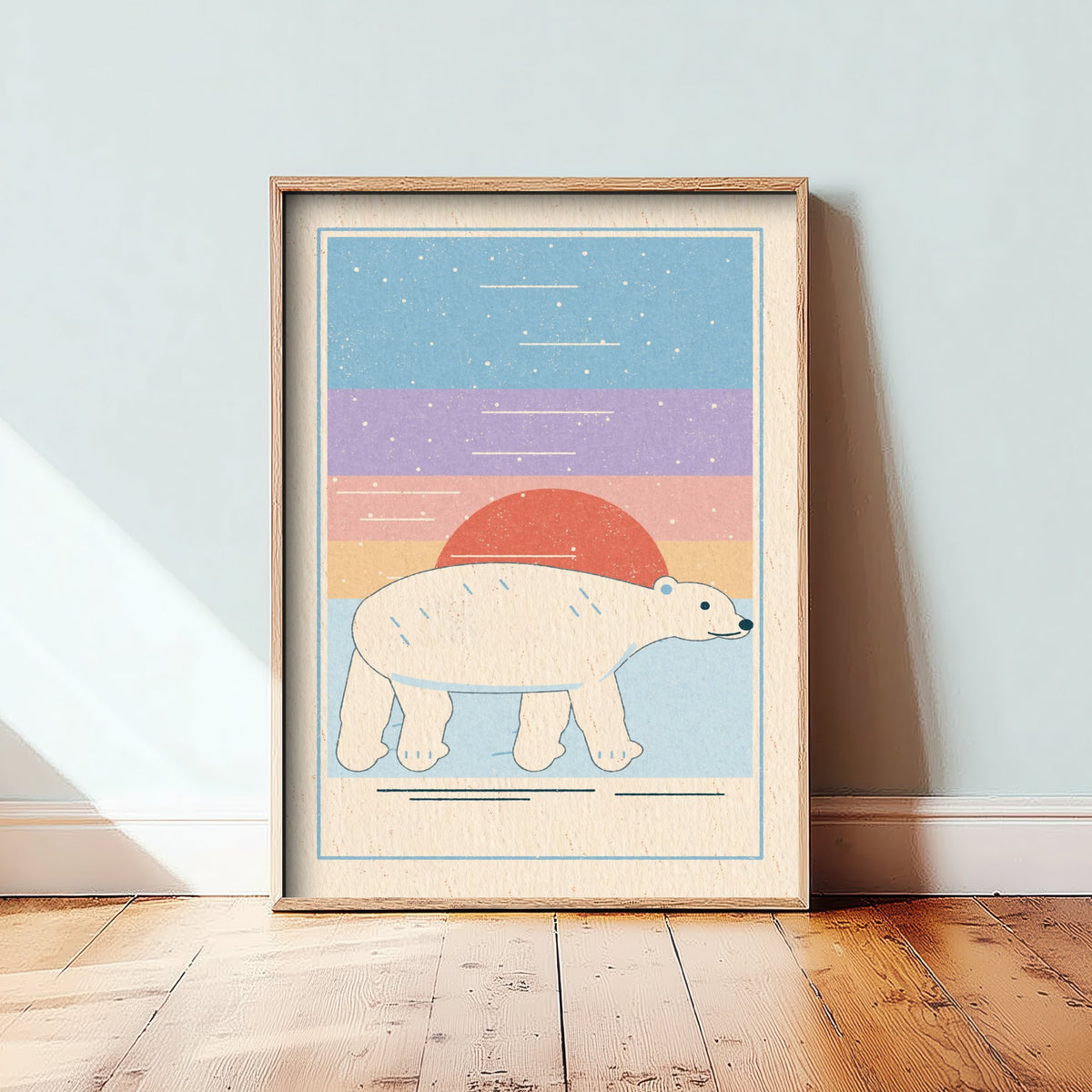 Polar Bear Art Print - Pastel Arctic Sunset Poster - Linocut Style Nursery Illustration V1 1/3
