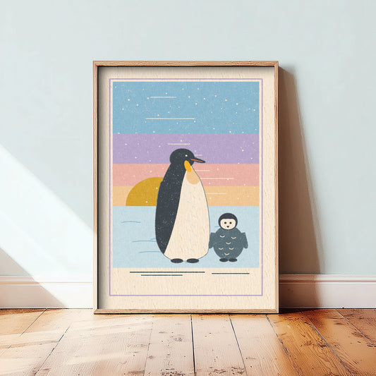 Emperor Penguin and Chick Art Print - Parent and Baby Poster - Pastel Antarctic Illustration V1 2/3