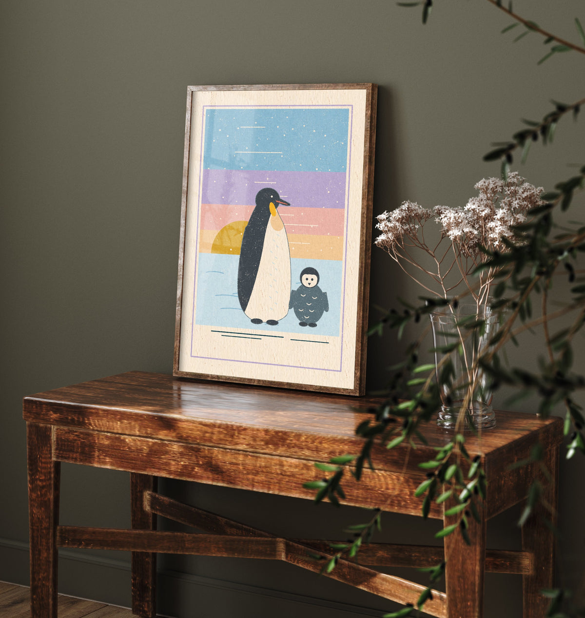 Emperor Penguin and Chick Art Print - Parent and Baby Poster - Pastel Antarctic Illustration V1 2/3