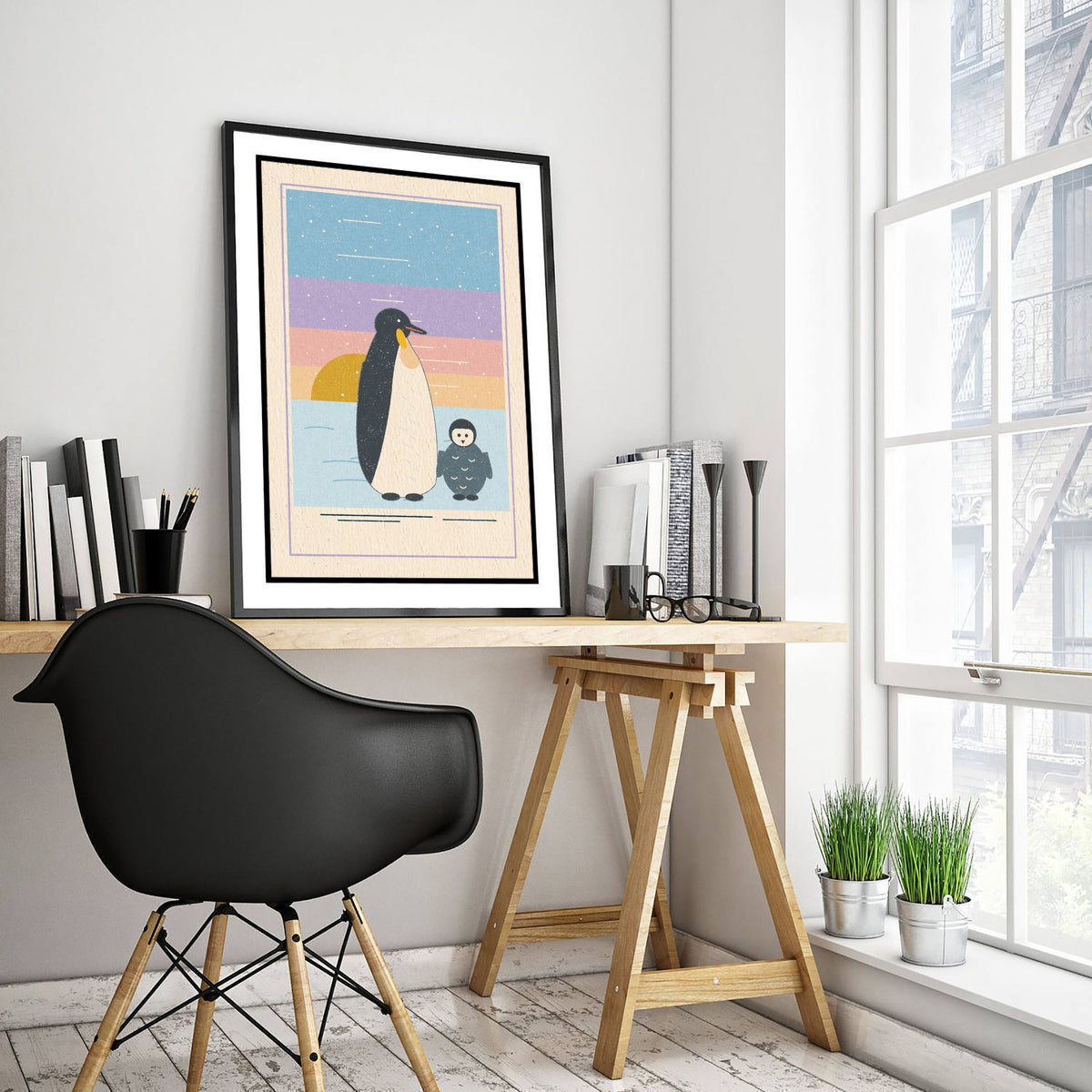 Emperor Penguin and Chick Art Print - Parent and Baby Poster - Pastel Antarctic Illustration V1 2/3