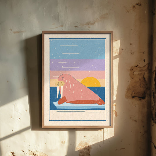 Walrus Art Print - Ice Floe Poster - Pastel Arctic Ocean Woodcut V1 3/3