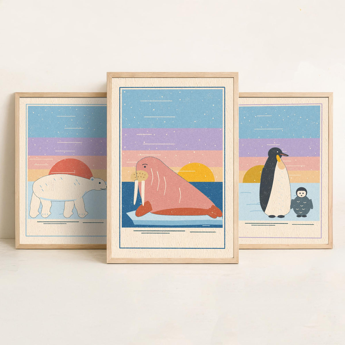 Polar Animal Set of Three Art Prints - Polar Bear, Penguin, Walrus - Linocut Style Poster Illustration V1