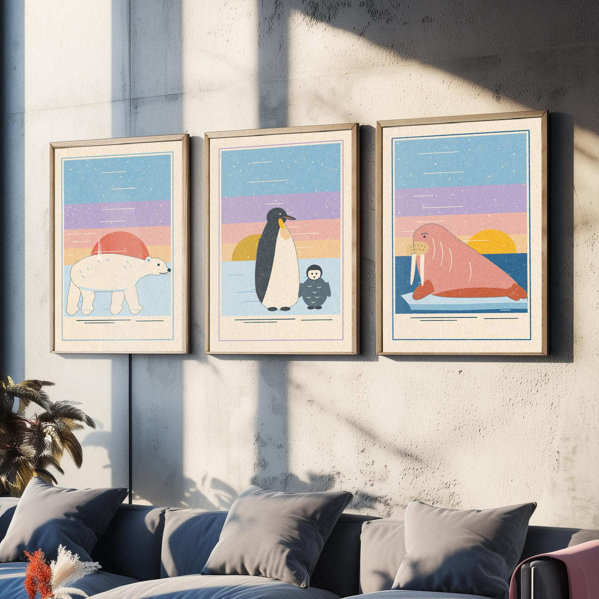 Polar Animal Set of Three Art Prints - Polar Bear, Penguin, Walrus - Linocut Style Poster Illustration V1
