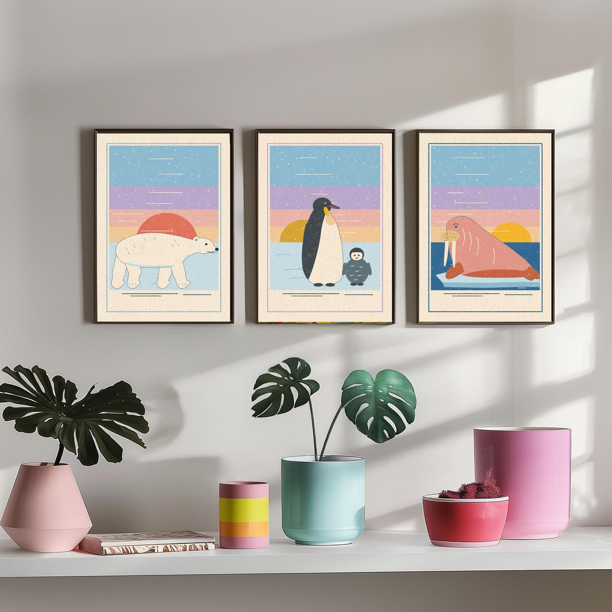Polar Animal Set of Three Art Prints - Polar Bear, Penguin, Walrus - Linocut Style Poster Illustration V1
