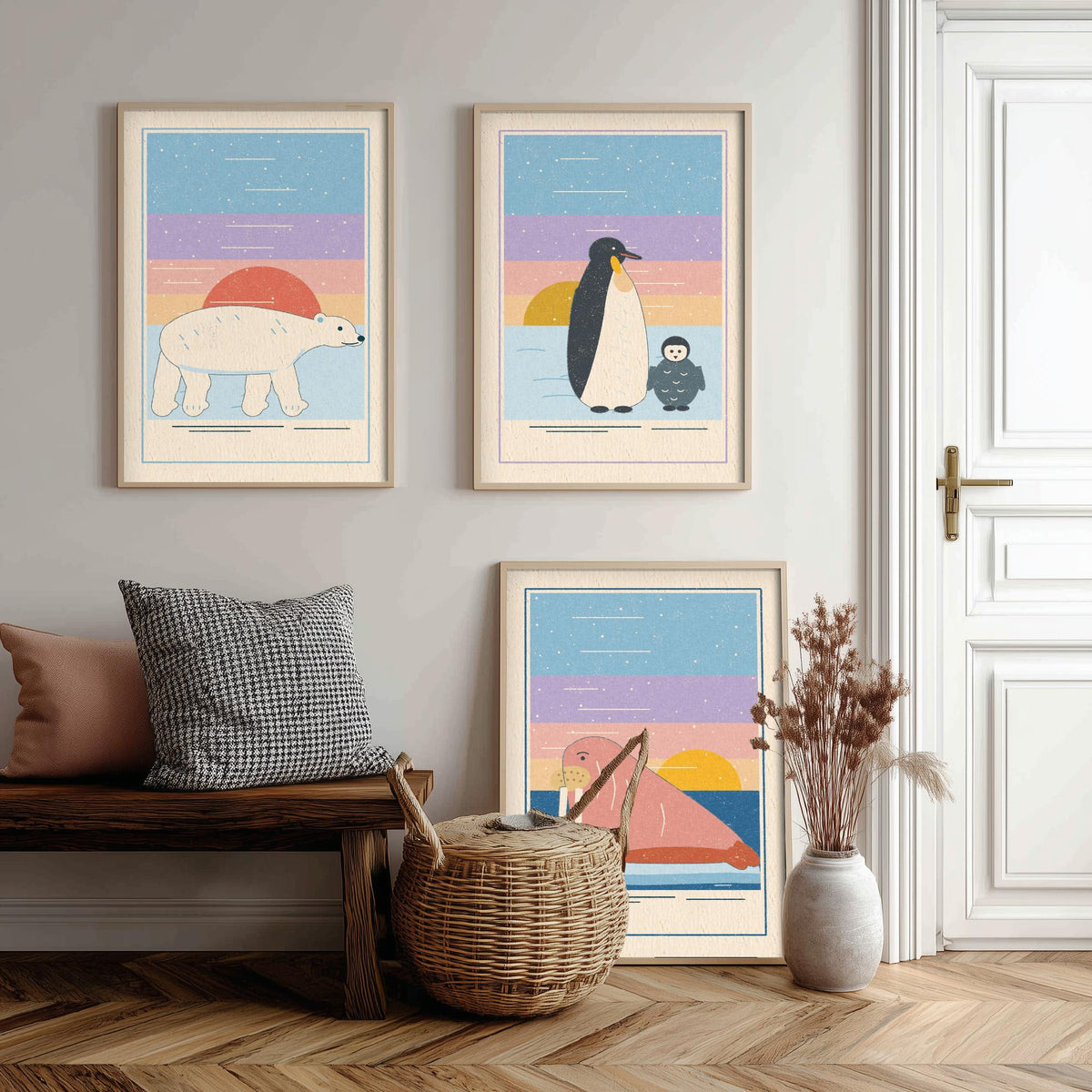 Polar Animal Set of Three Art Prints - Polar Bear, Penguin, Walrus - Linocut Style Poster Illustration V1