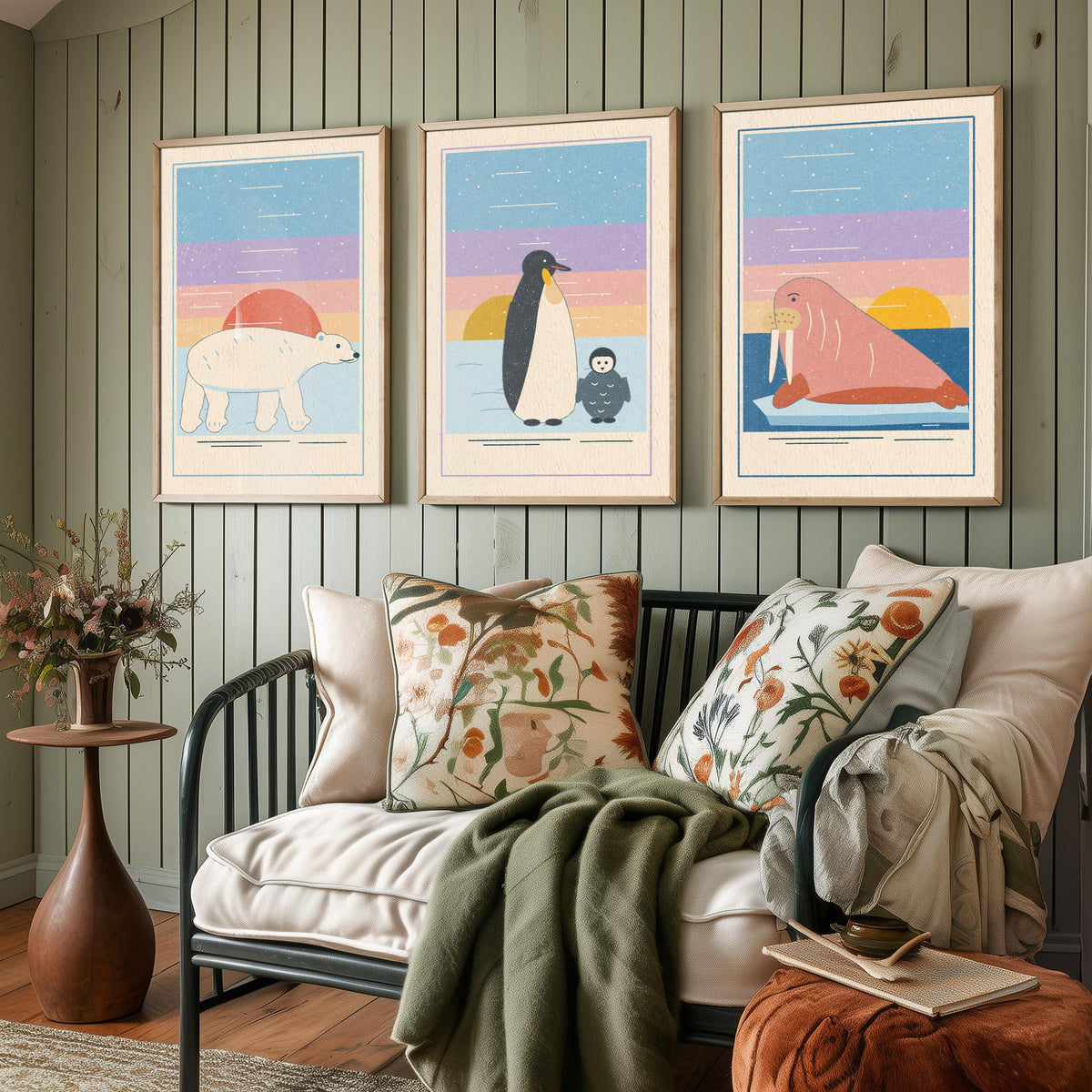 Polar Animal Set of Three Art Prints - Polar Bear, Penguin, Walrus - Linocut Style Poster Illustration V1