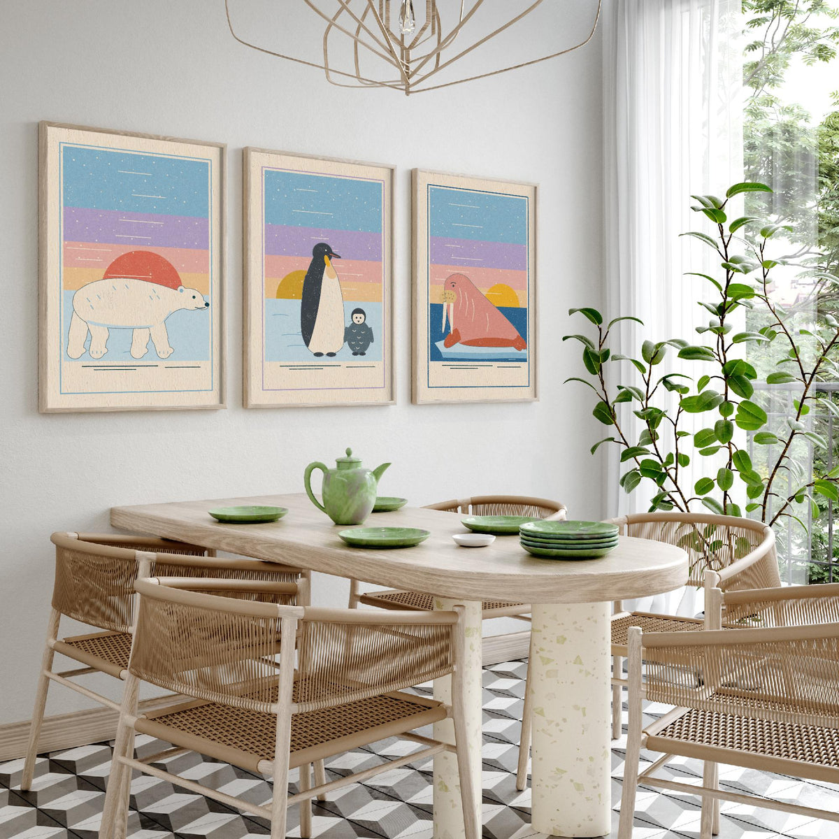 Polar Animal Set of Three Art Prints - Polar Bear, Penguin, Walrus - Linocut Style Poster Illustration V1