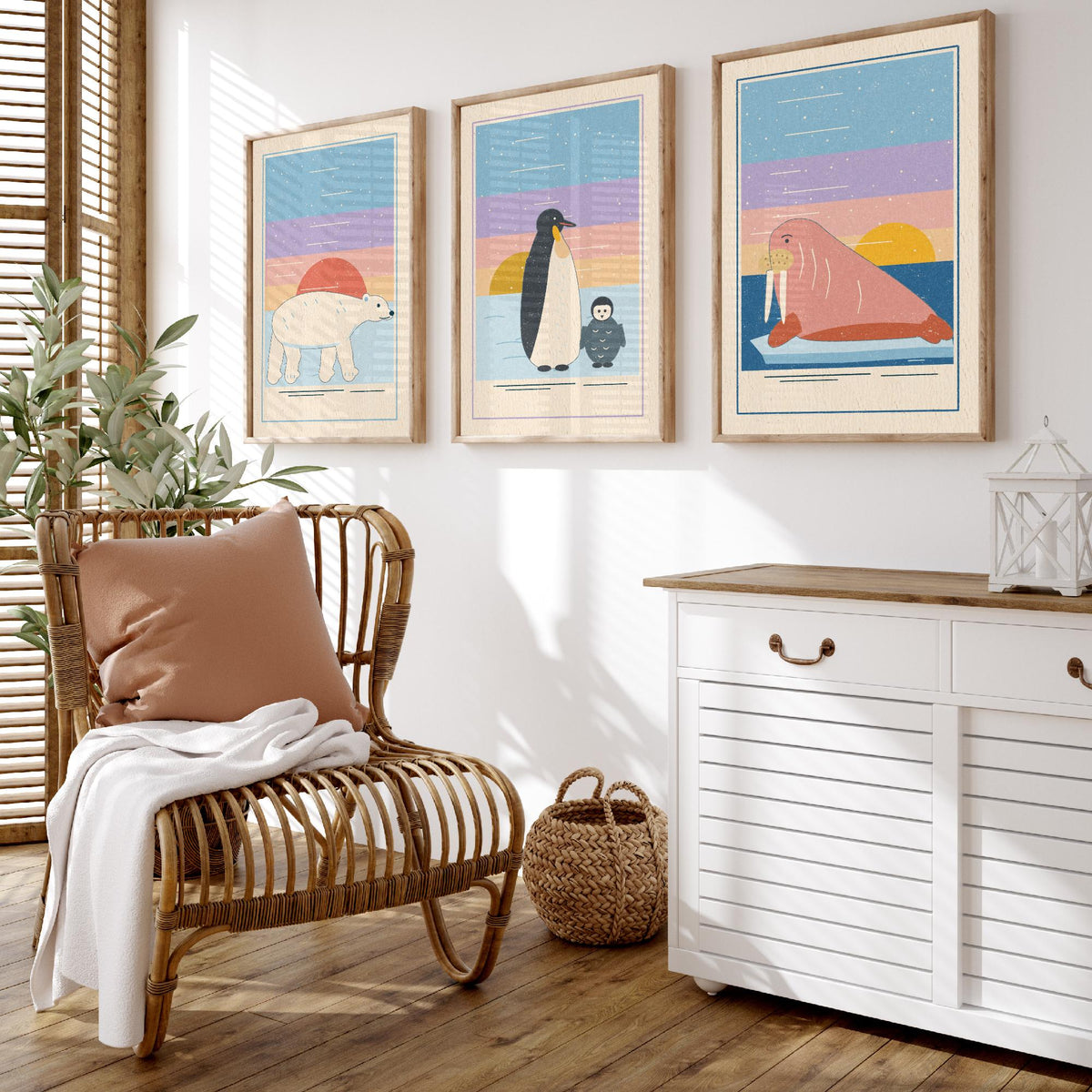 Polar Animal Set of Three Art Prints - Polar Bear, Penguin, Walrus - Linocut Style Poster Illustration V1