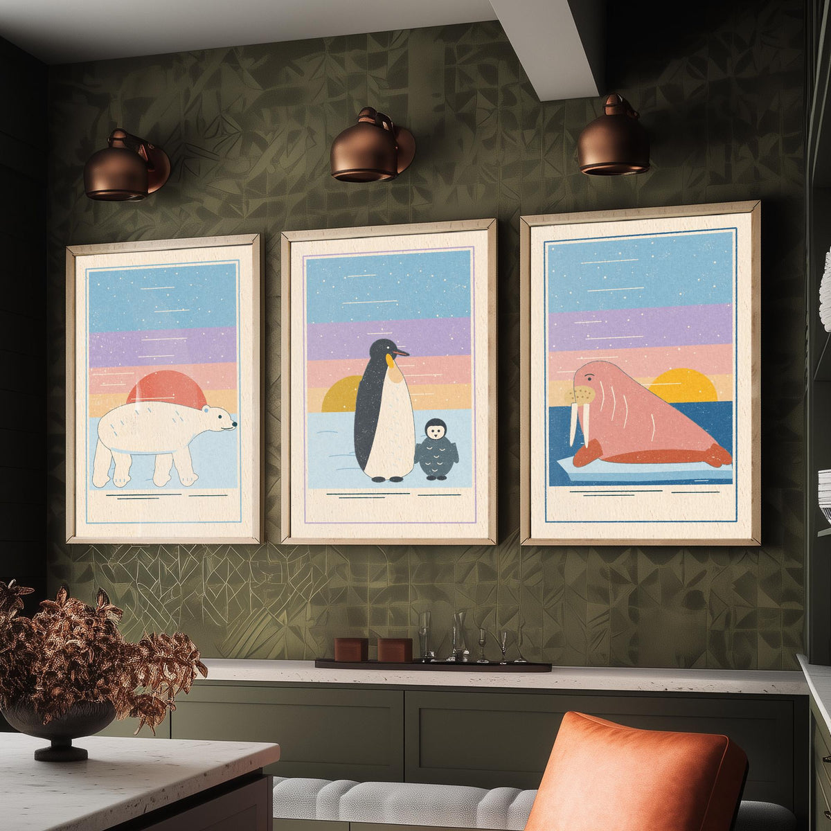Polar Animal Set of Three Art Prints - Polar Bear, Penguin, Walrus - Linocut Style Poster Illustration V1