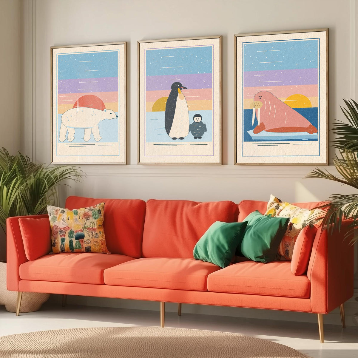 Polar Animal Set of Three Art Prints - Polar Bear, Penguin, Walrus - Linocut Style Poster Illustration V1