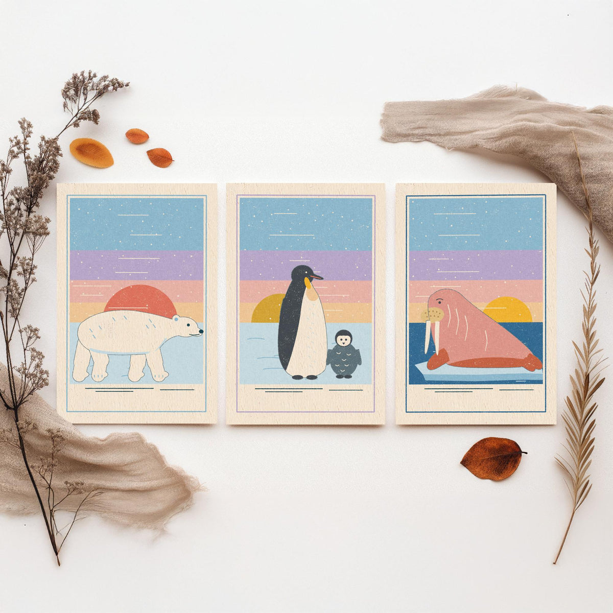 Polar Animal Set of Three Art Prints - Polar Bear, Penguin, Walrus - Linocut Style Poster Illustration V1