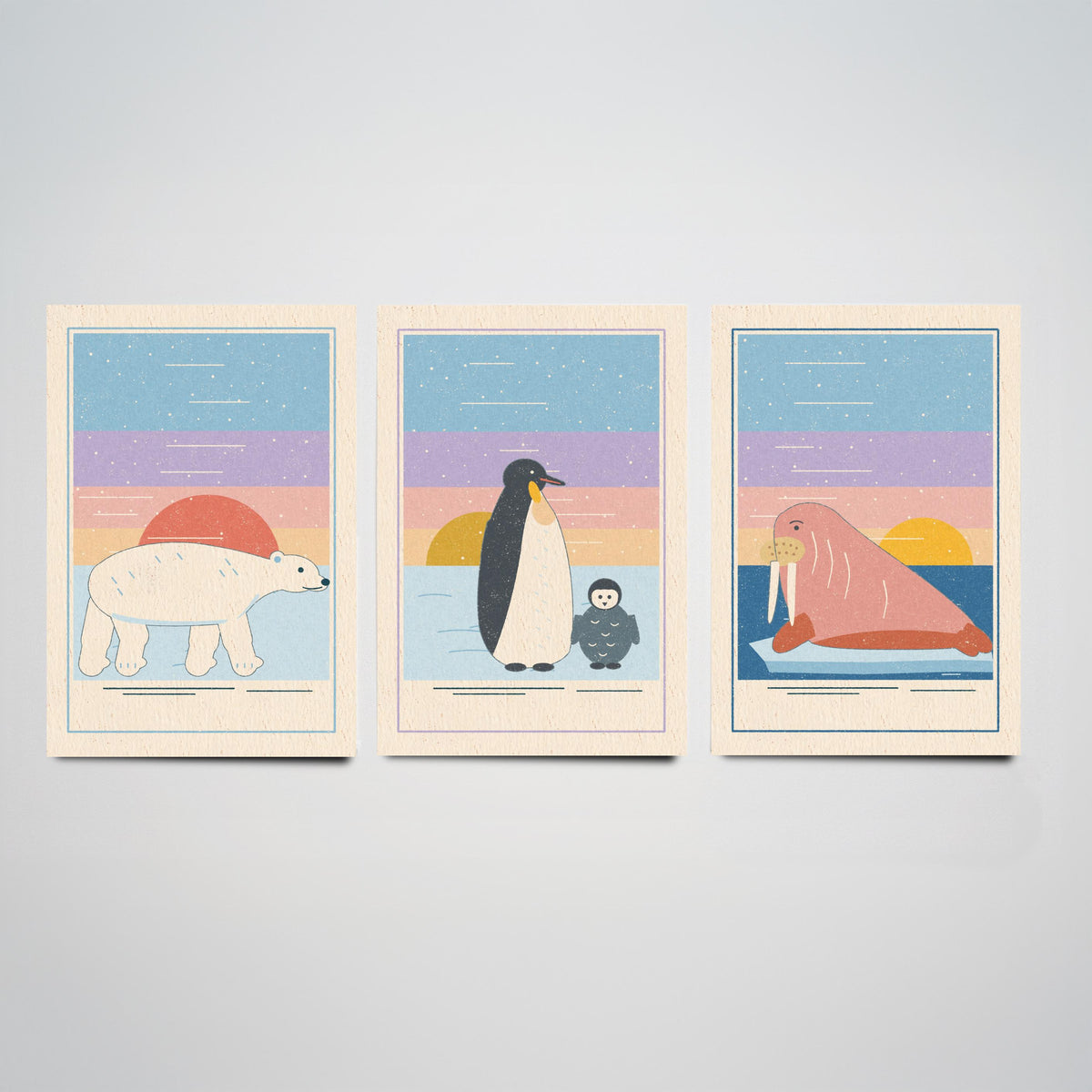 Polar Animal Set of Three Art Prints - Polar Bear, Penguin, Walrus - Linocut Style Poster Illustration V1